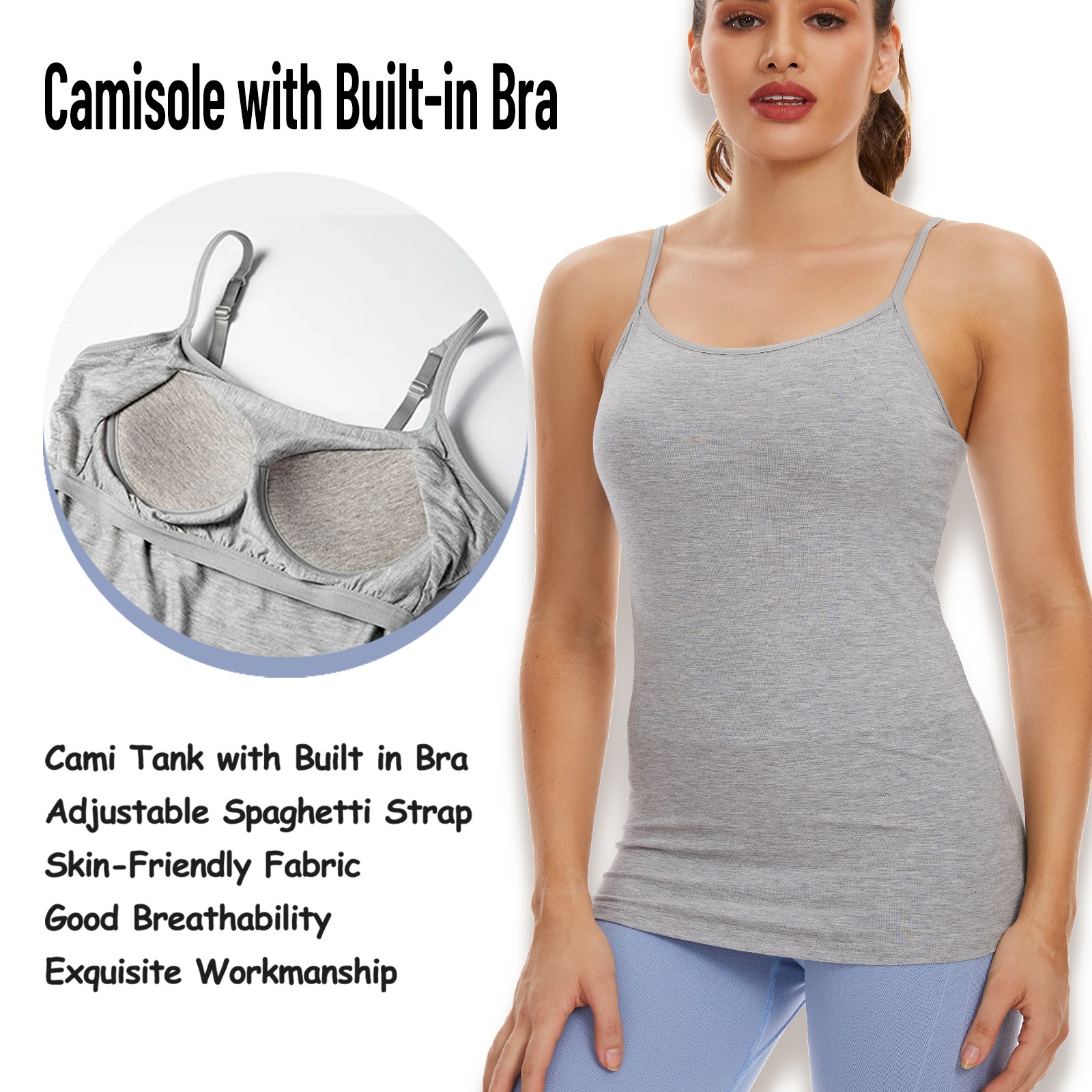 Women’s Camisole Tank Tops Basic Cami Plain with Built-in Bra Summer Tops S-3XL