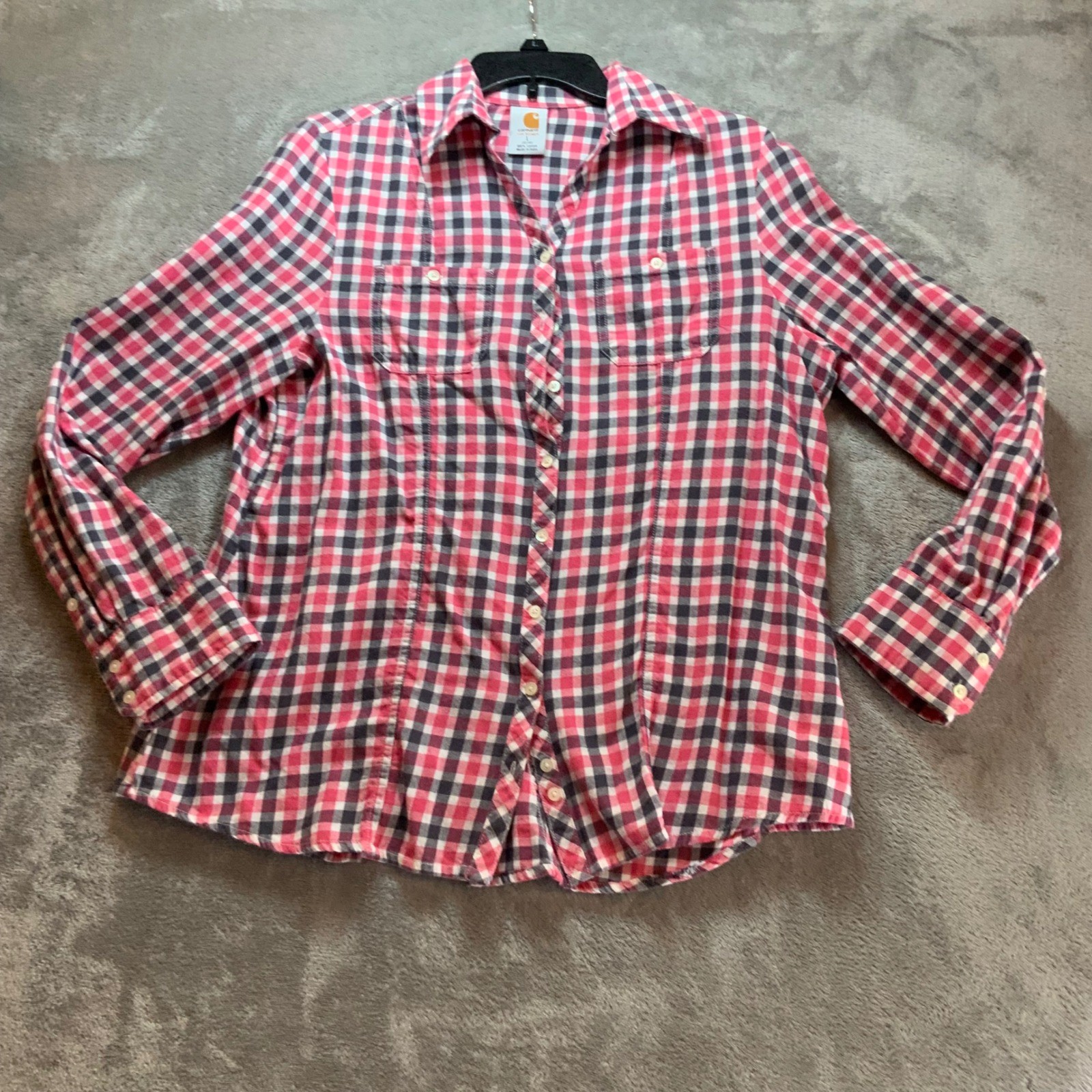 Carhartt Womens Pink Navy Blue Gingham Plaid Button Down Shirt Large L 12/14
