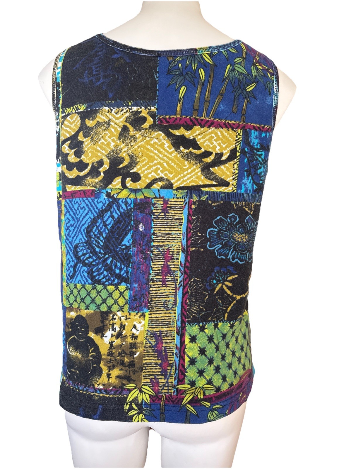 Patchwork Style Asian Inspired Boho Artsy Sleeveless Shirt Womens L Hippie Layer