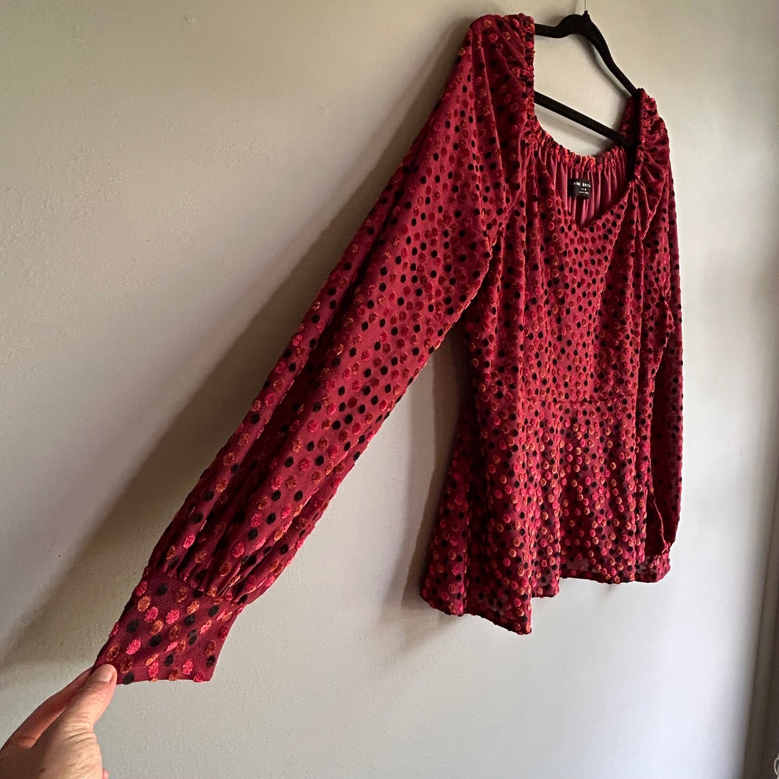 Lane Bryant Velvet Flocked Polka Dot Blouse Red Square Neck Bishop Sleeve 14/16