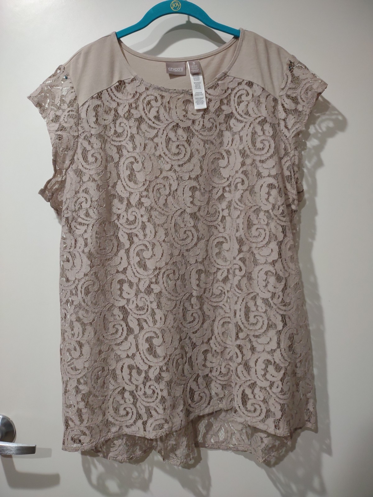Chicos Beige Sheer Lace Cotton Blend Blouse NWOT! Size 3 (XL) FREE SHIPPING!