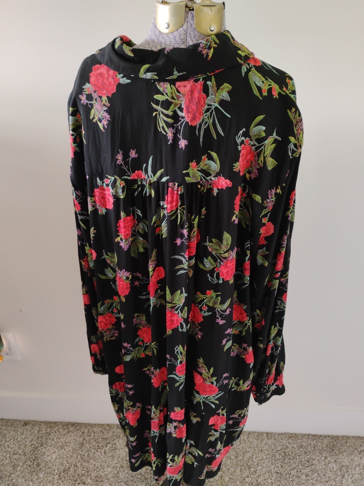 Ellos Tunic Top Womens 24 2x Ruffle Hem Print Black Floral Long Sleeve Punk
