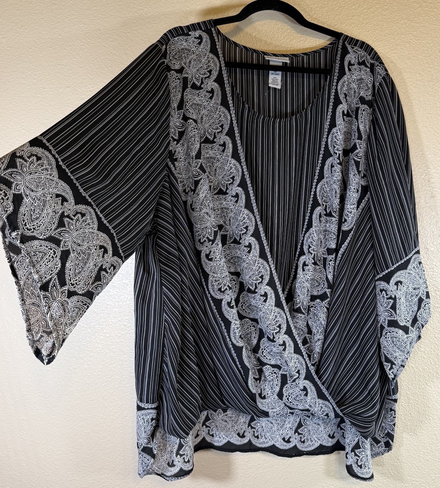 Catherines Blouse Top Plus 3X 26/28 Blouson Faux Wrap Black