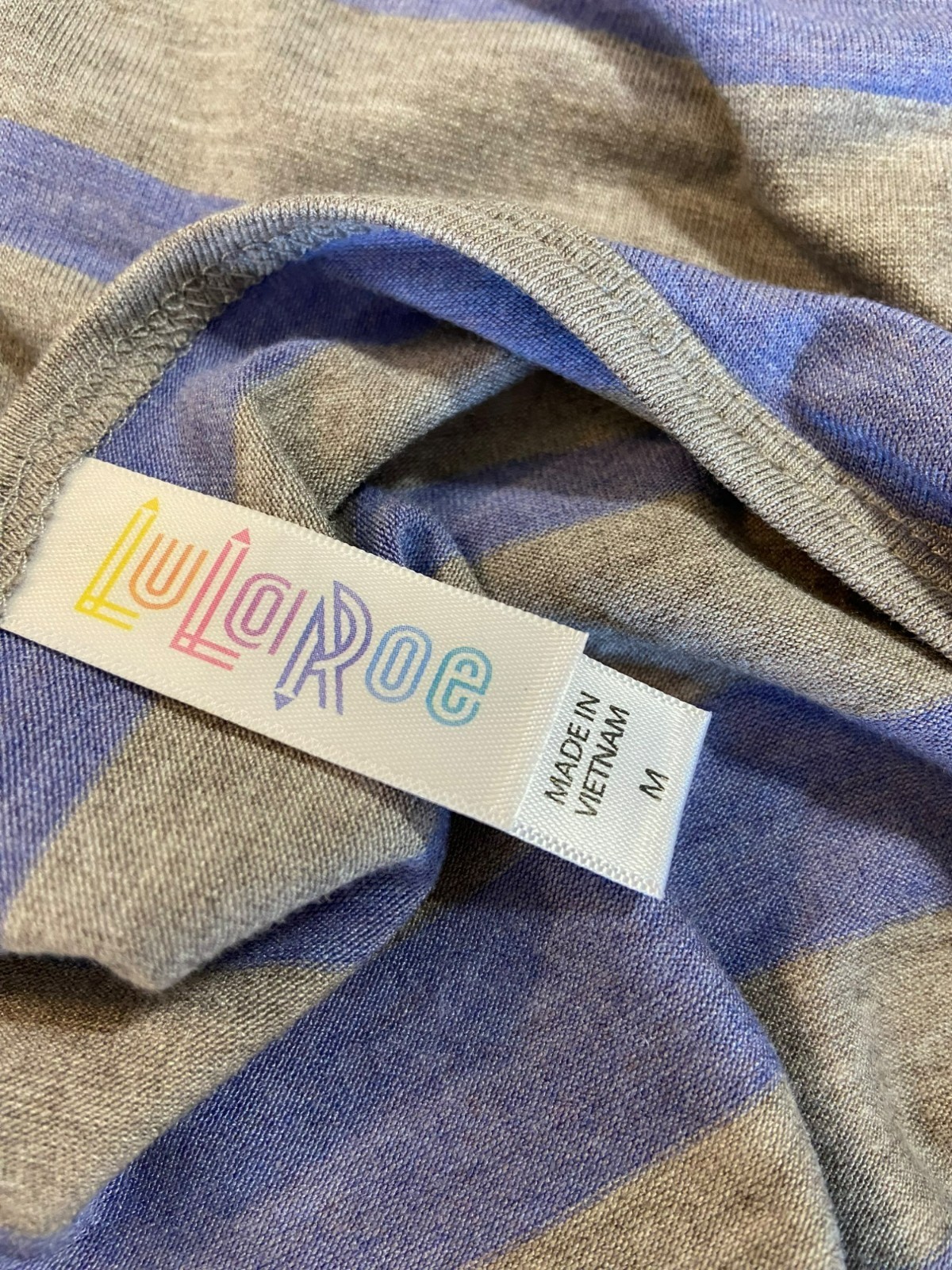 LuLaRoe Classic T-Shirt Medium Gray & Blue Stripes 95% Rayon 5% Spandex