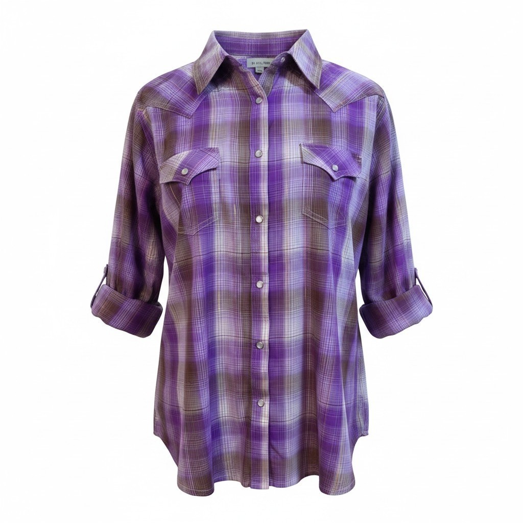 As Real As Wrangler Purple Plaid Pearl Snap Western Shirt Metallic Thread Large