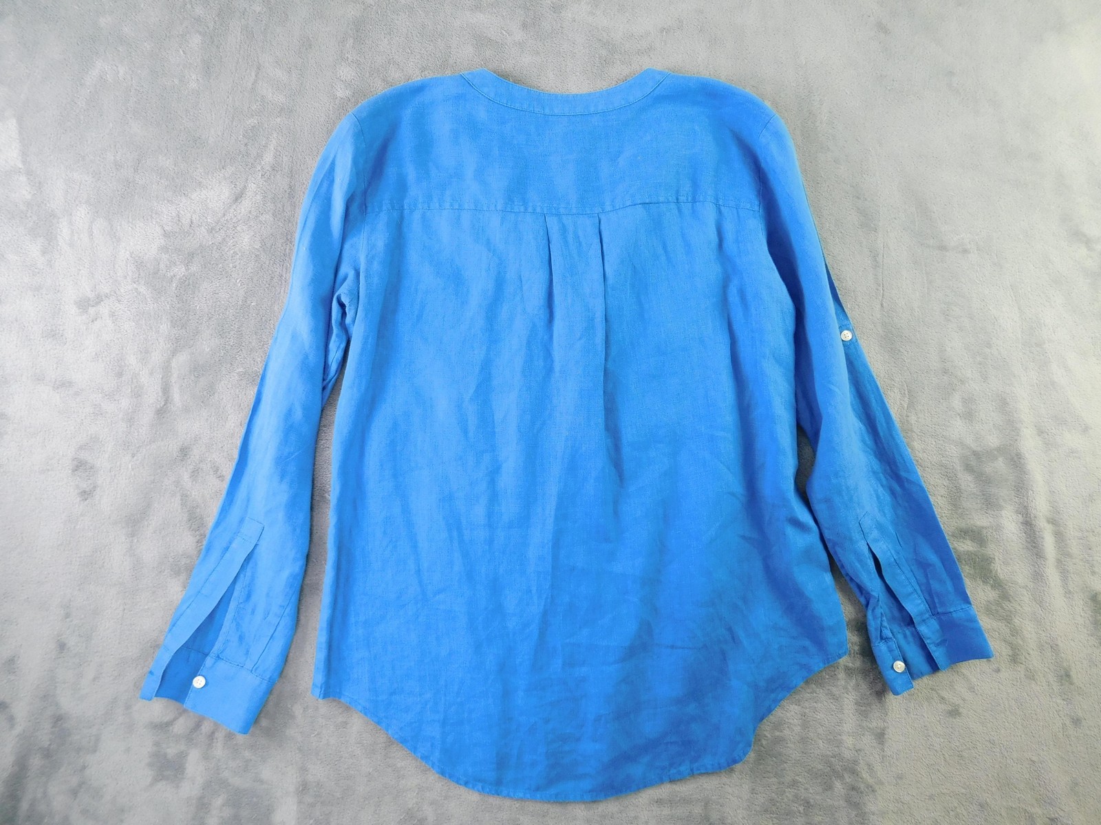 Ann Taylor Blouse Womens XS Blue Linen Long Sleeve V Neck Tunic Roll Tab Pockets
