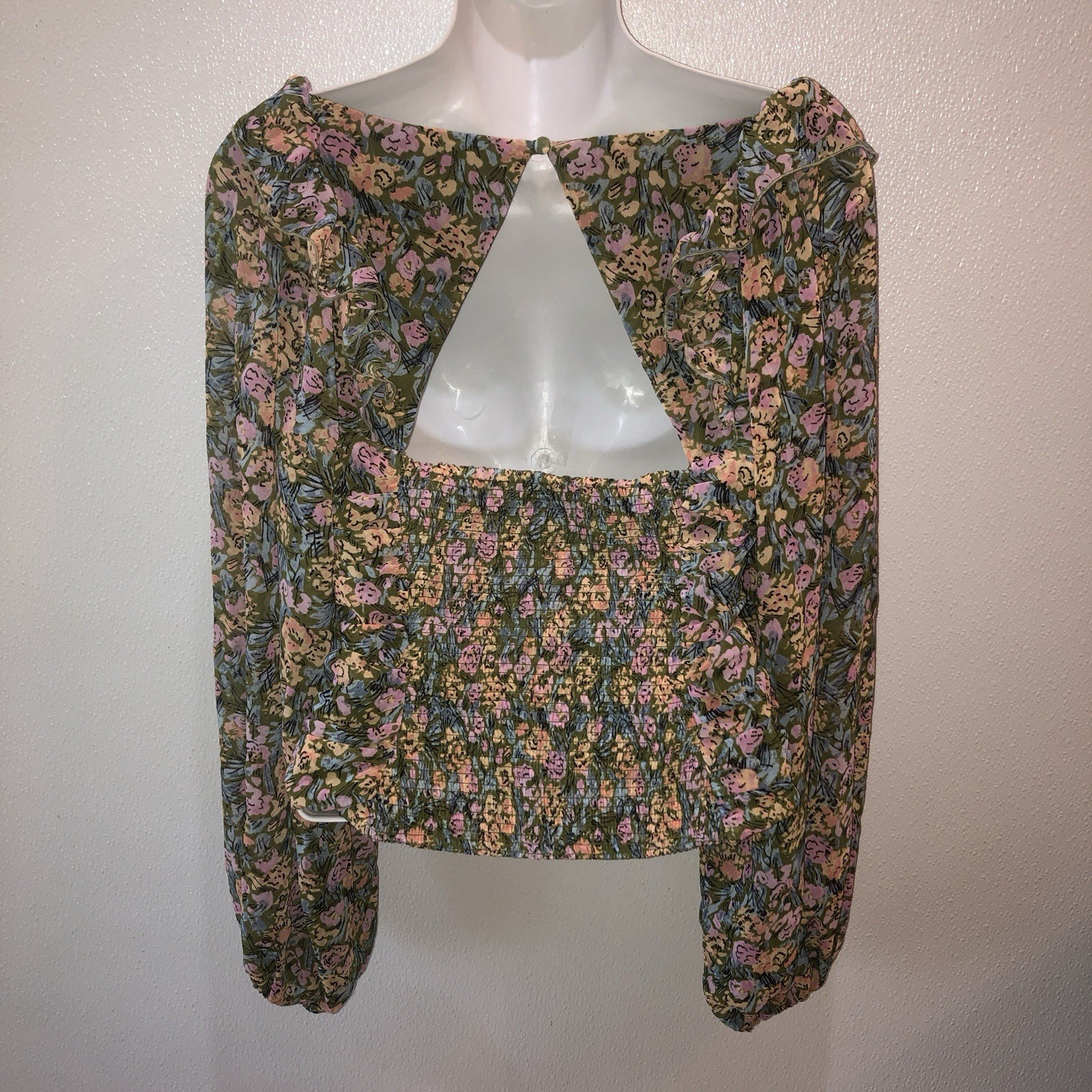 Free People Women Small Mabel Print Blouse Garden Combo Balloon Sleeve Smocked S