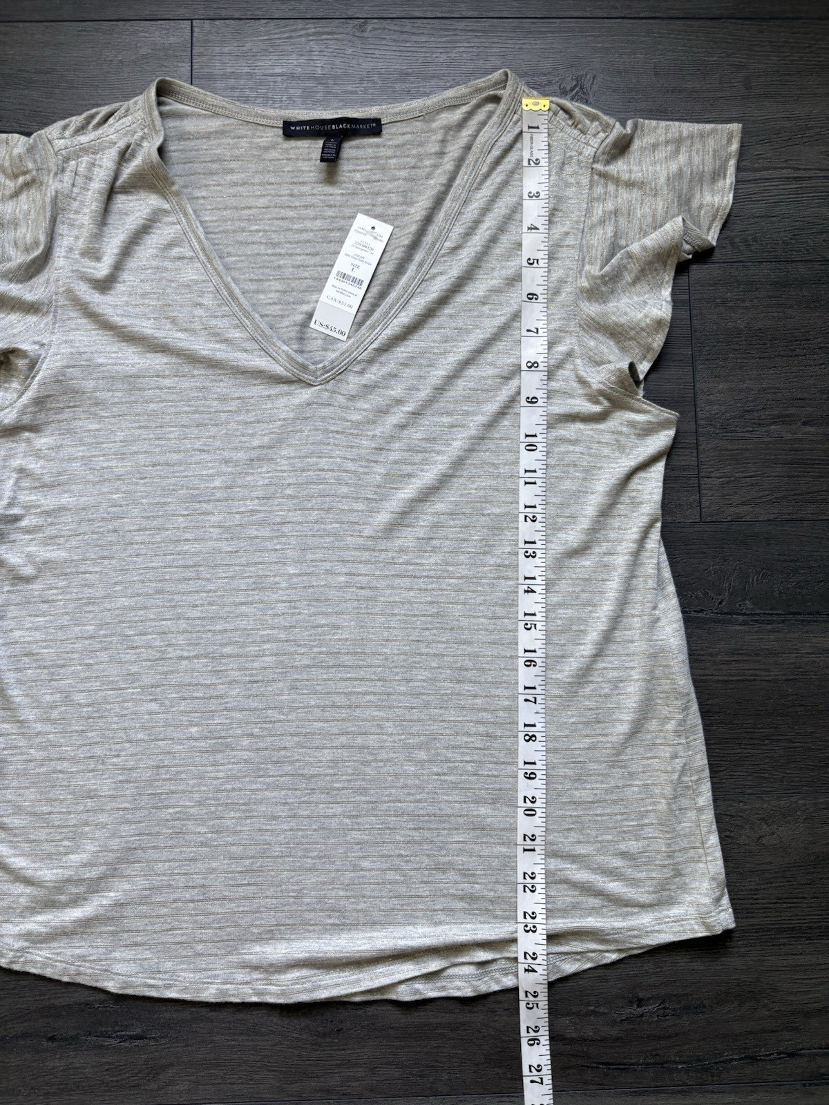 White House Black Market Short Sleeve Glamgetter Tee Gray/Gold Stripe Large NWT
