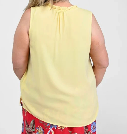 CJ Banks 2X Yellow Lace Trim ruffle tie neck sleeveless knit top NWT