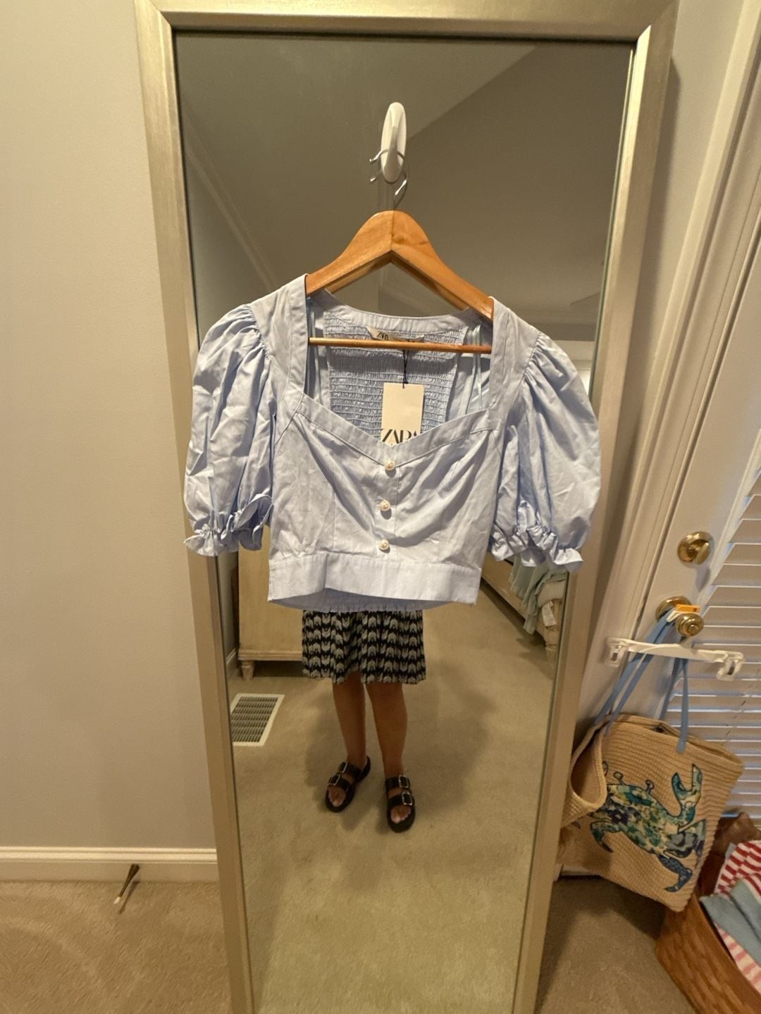 Zara Baby Blue Puff Sleeve Crop Top with Faux Pearl Buttons