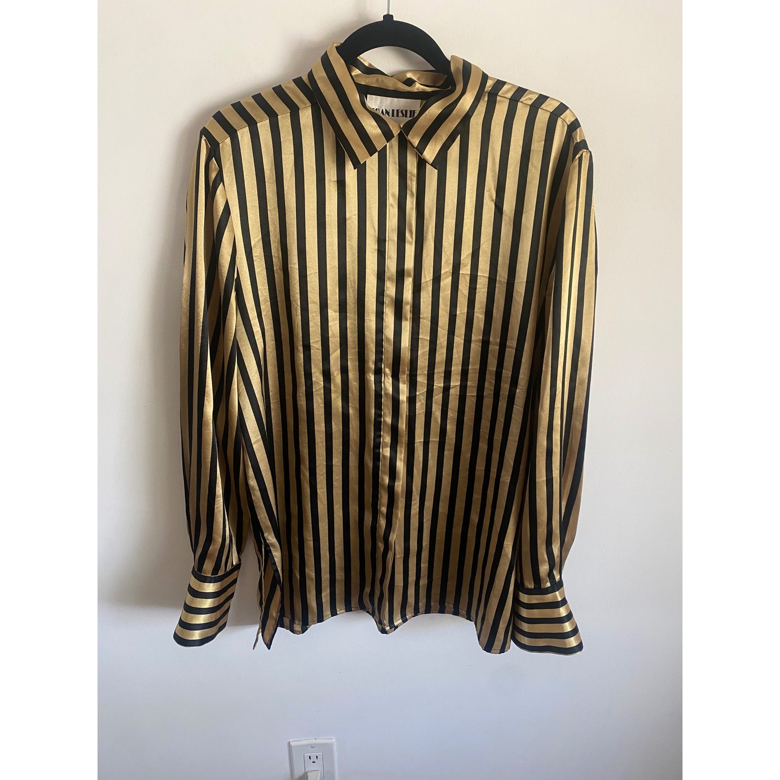 Joan Leslie Gold Black Striped Satin Blouse Vintage Hidden Button Top Womens 14