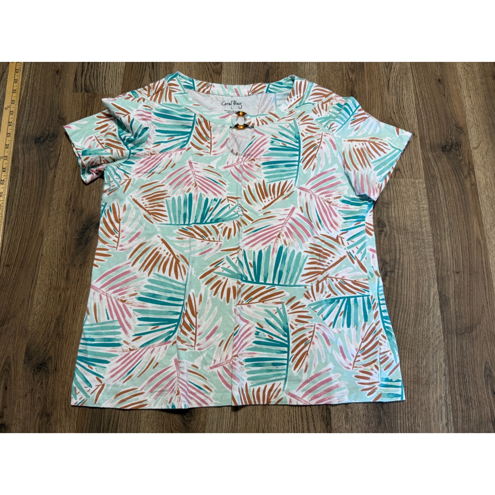 Coral Bay Womens Large Tropical Palm Leaf Keyhole Top Teal Pink Short Sleeve L
