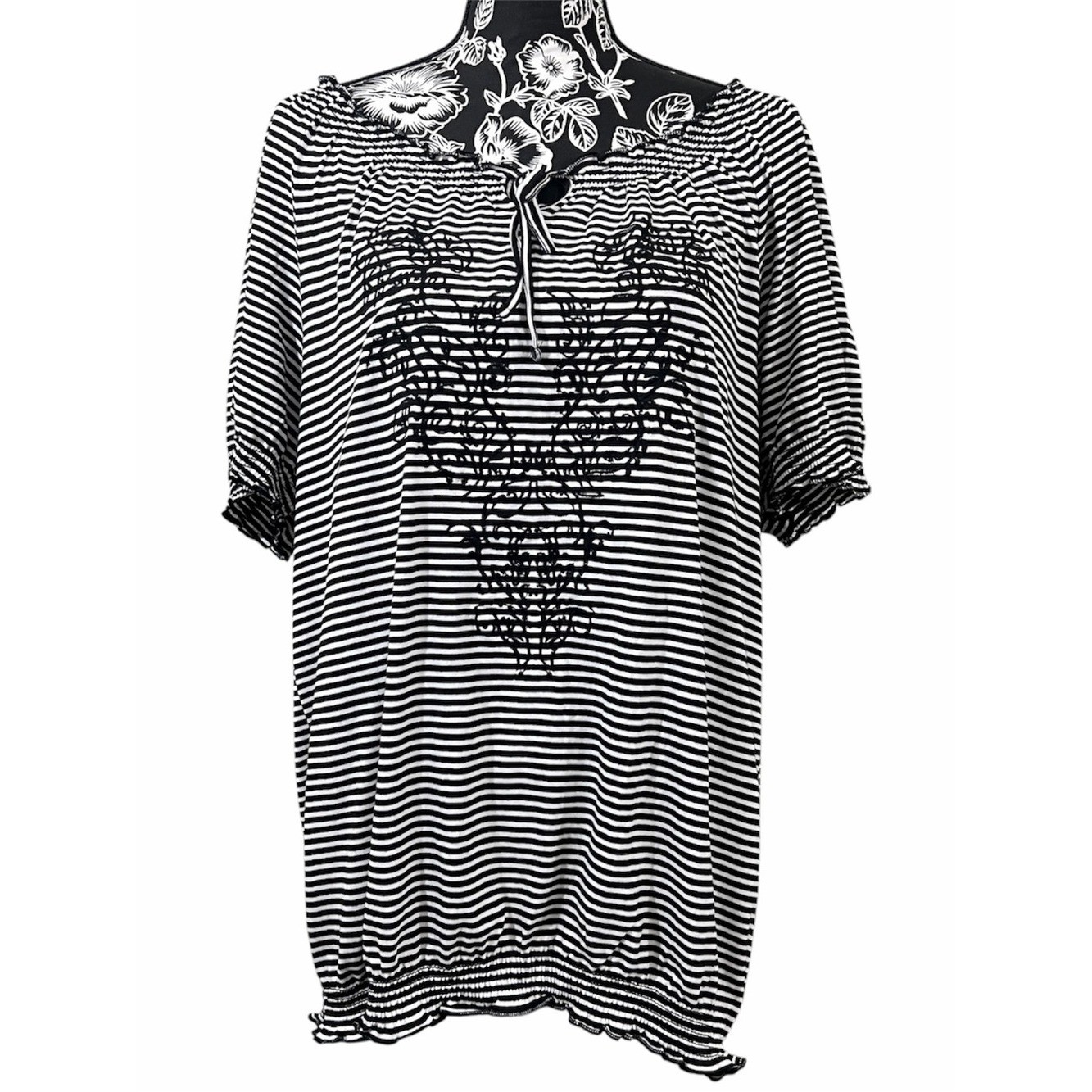 Faded Glory Black & White Striped Tie-Neck