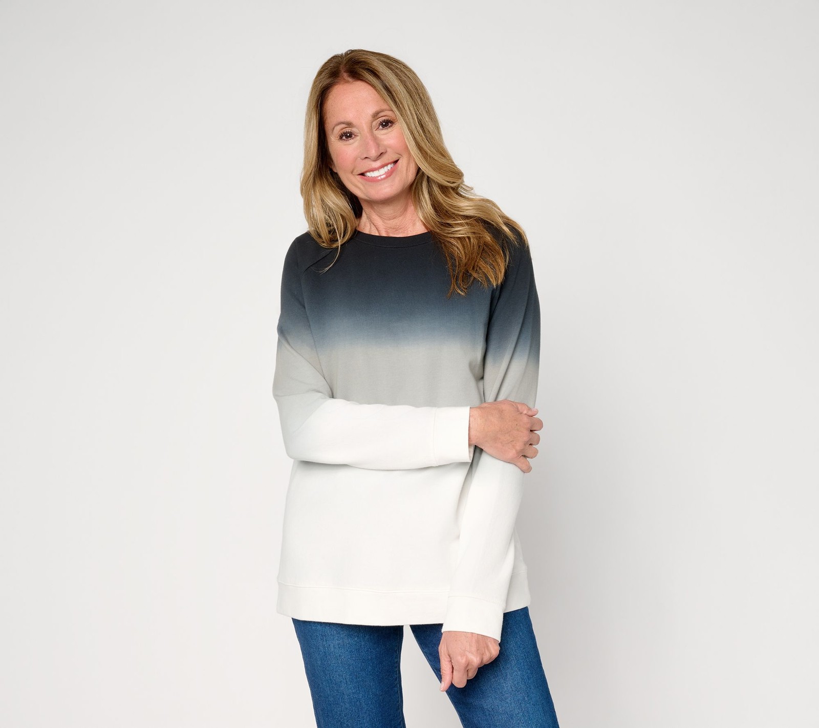 Denim & Co. French Terry Dip Dye Crew Neck Raglan Top Black L New