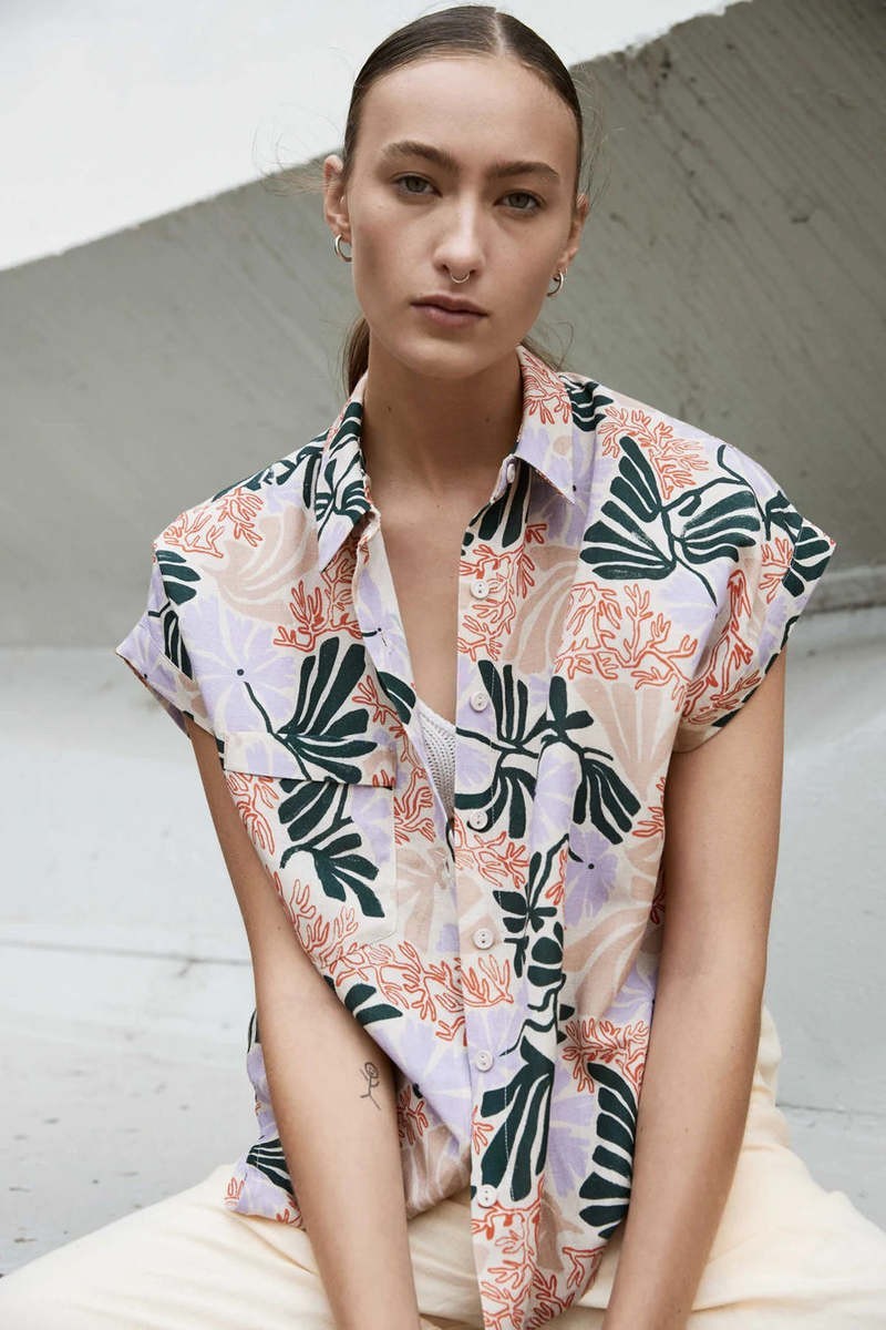 Eve Gravel Lotus Top In Bouquet Floral Print Hawaiian Camp Shirt women’s XS