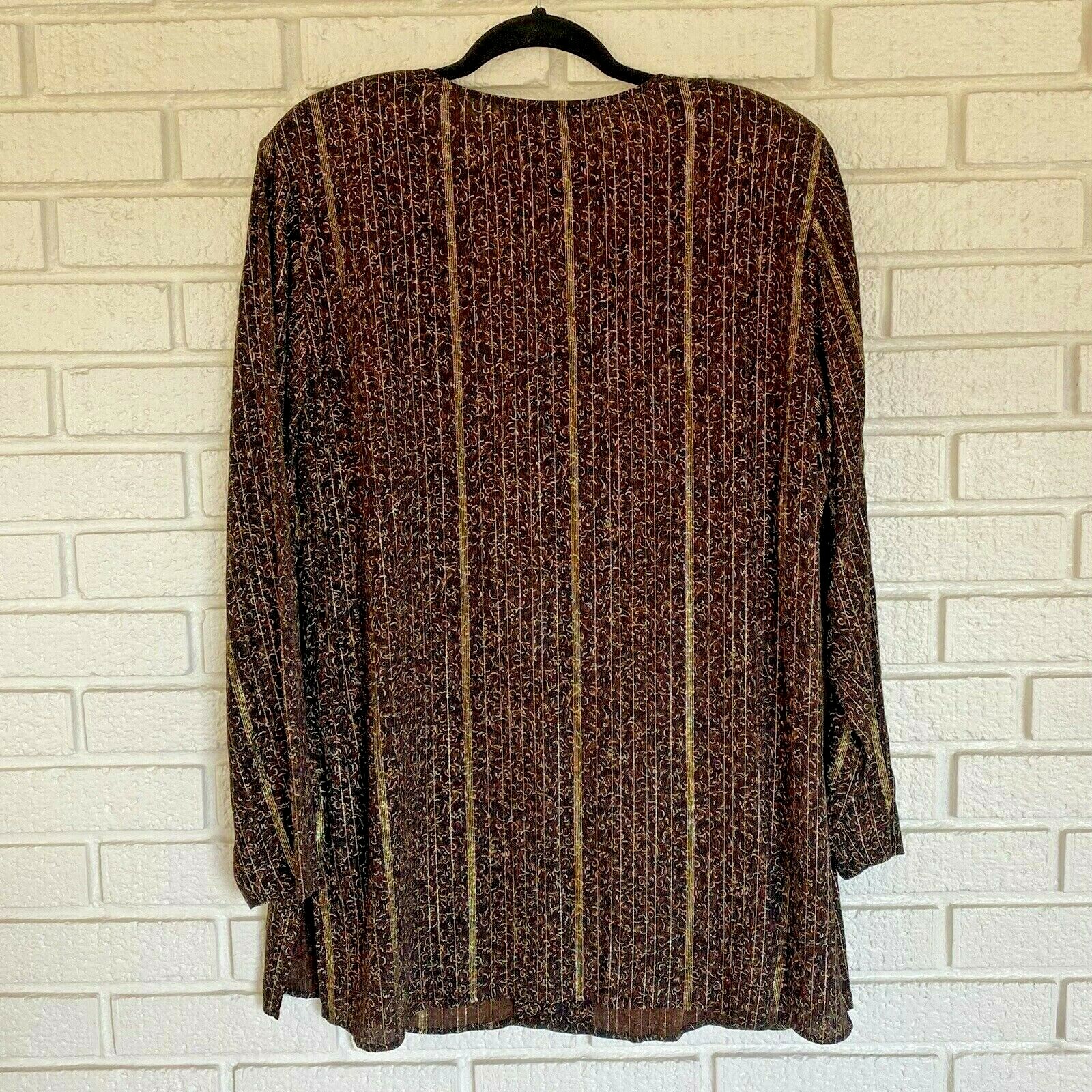 CAROLE LITTLE CL Jacket Top Tunic Size 14 Brown Black Gold Thread Rayon Vtg