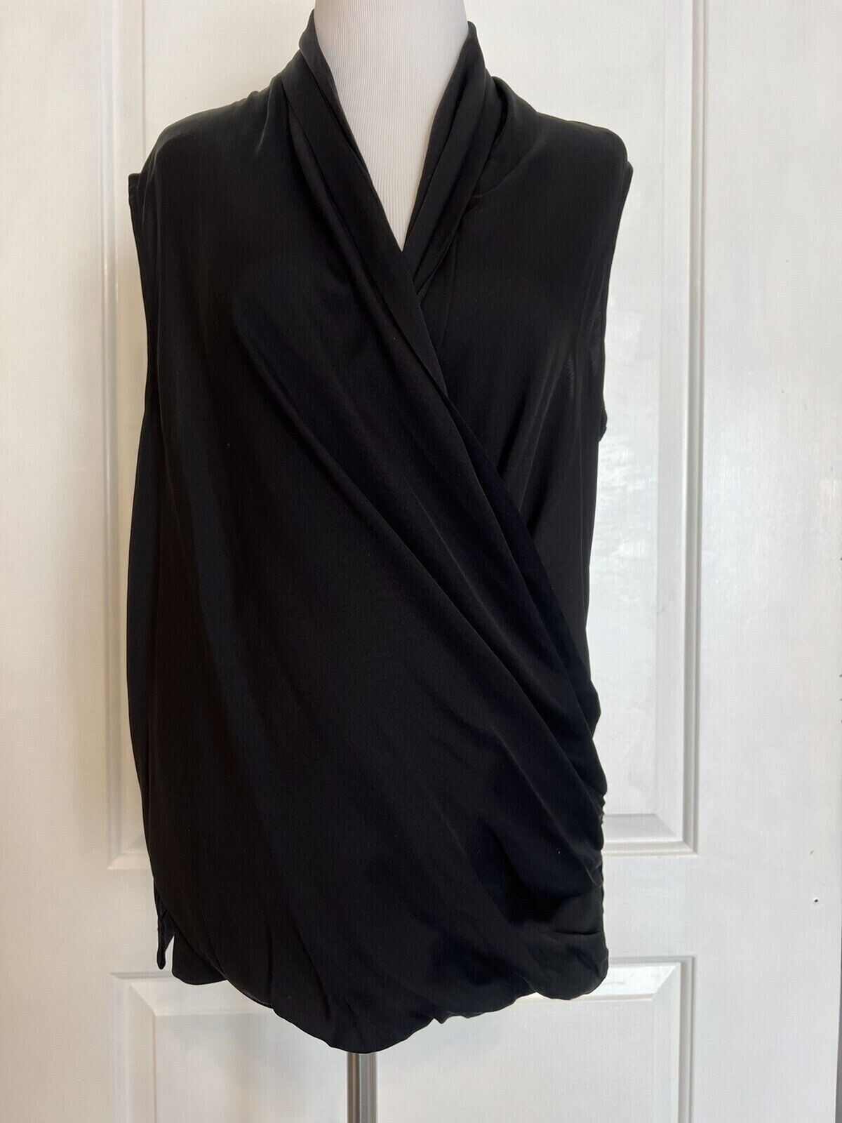 $275 THEORY Sleeveless Folded Drape Silk Top Black Deep V-Neck Designer Blouse L