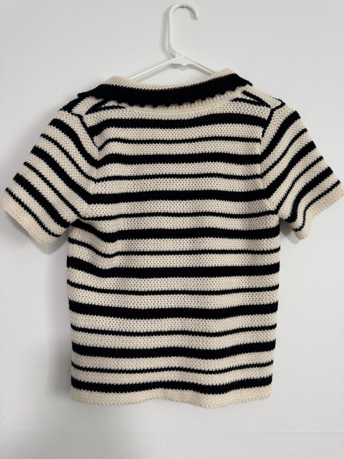 Black & Cream Striped Crochet Knit Polo Sweater Top Coastal Chic S