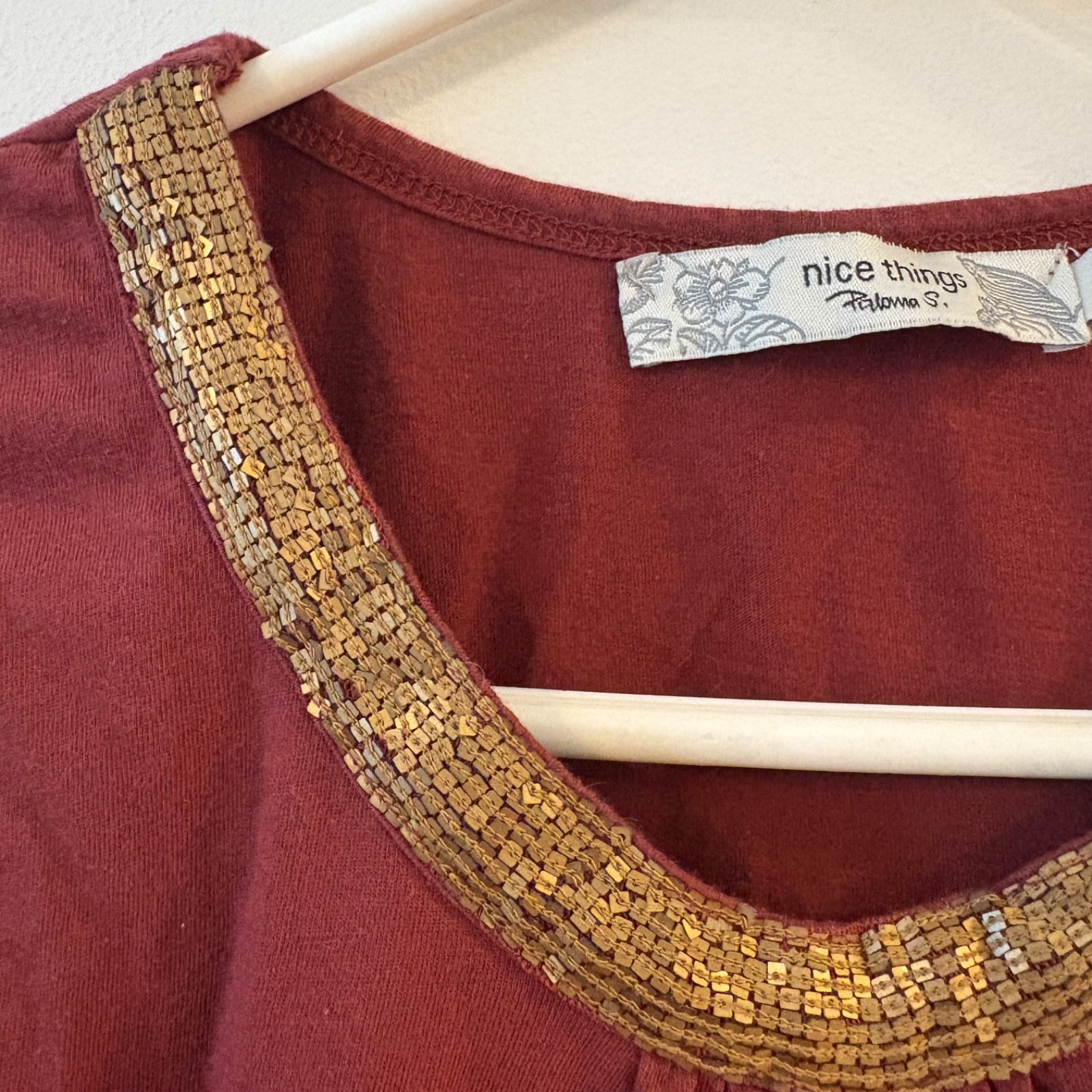 100% Cotton Burgundy Tank Gold Beading Neckline Size M Whimsygoth Embellished