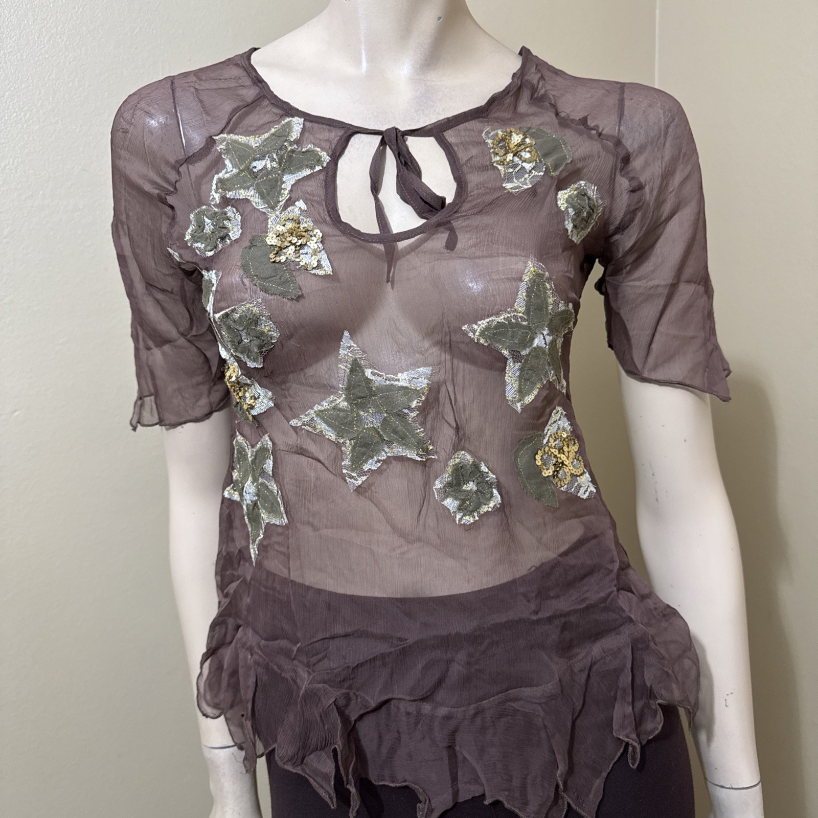 Women’s Brown Silk Casual Summer Sheer Beaded Embroidered Lace Size M Blouse Top
