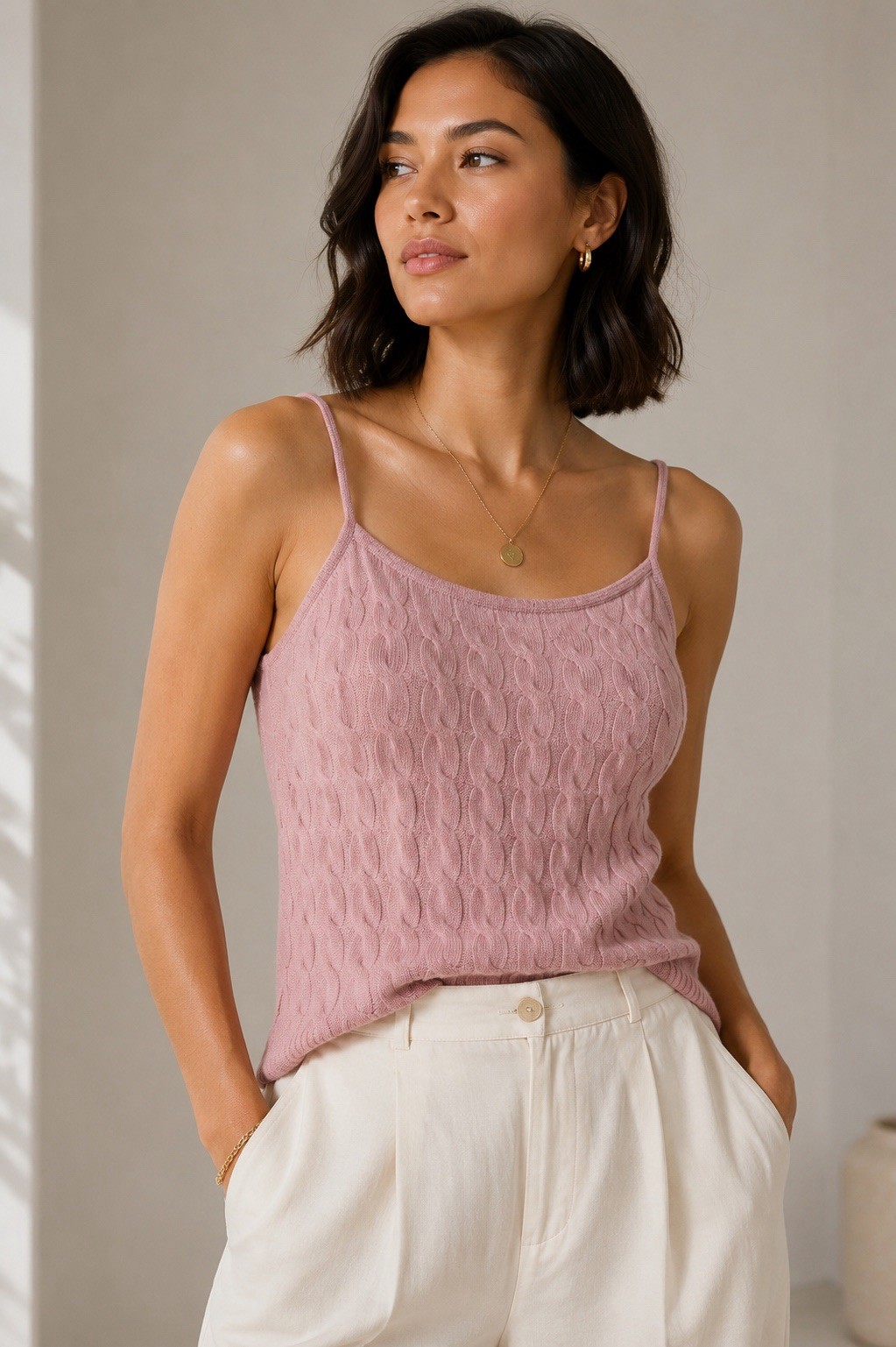 Minnie Rose Pink Cashmere Cable Knit Tank Cami Sweater Large Luxury Knit