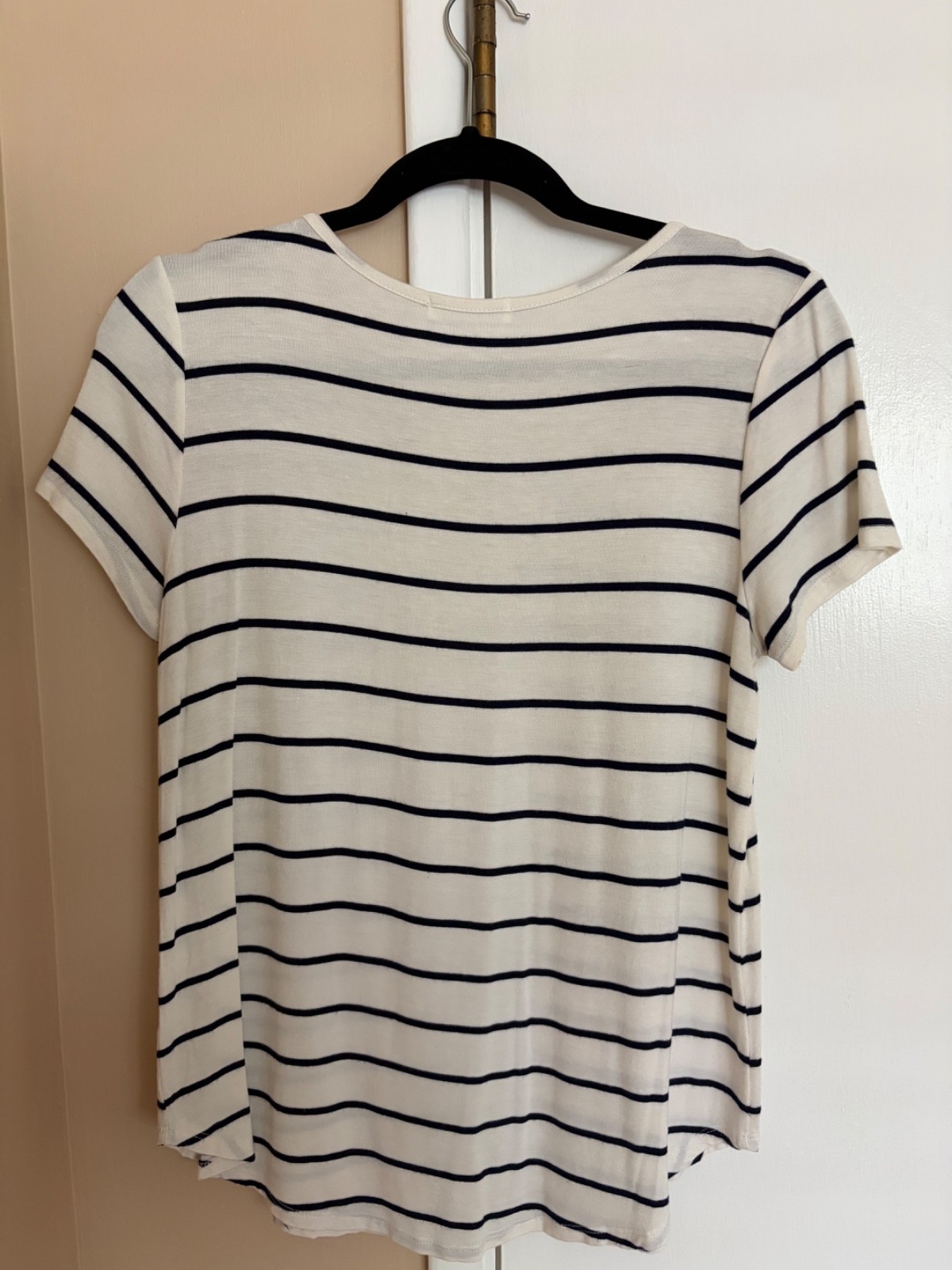 Emory Park Womens Small Striped Criss Cross V Neck Short Sleeve Top Ivory Navy