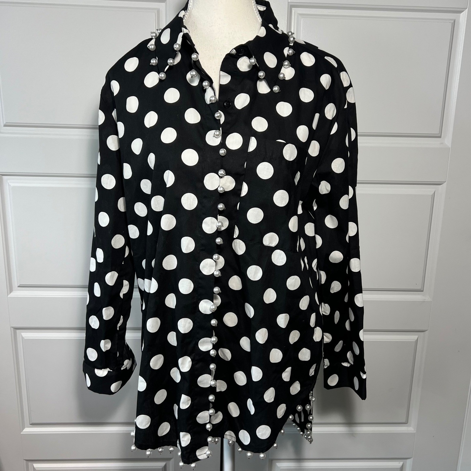 ADORE Polka Dot Pearl Embellished Black White Button Up Shirt Women’s Size S