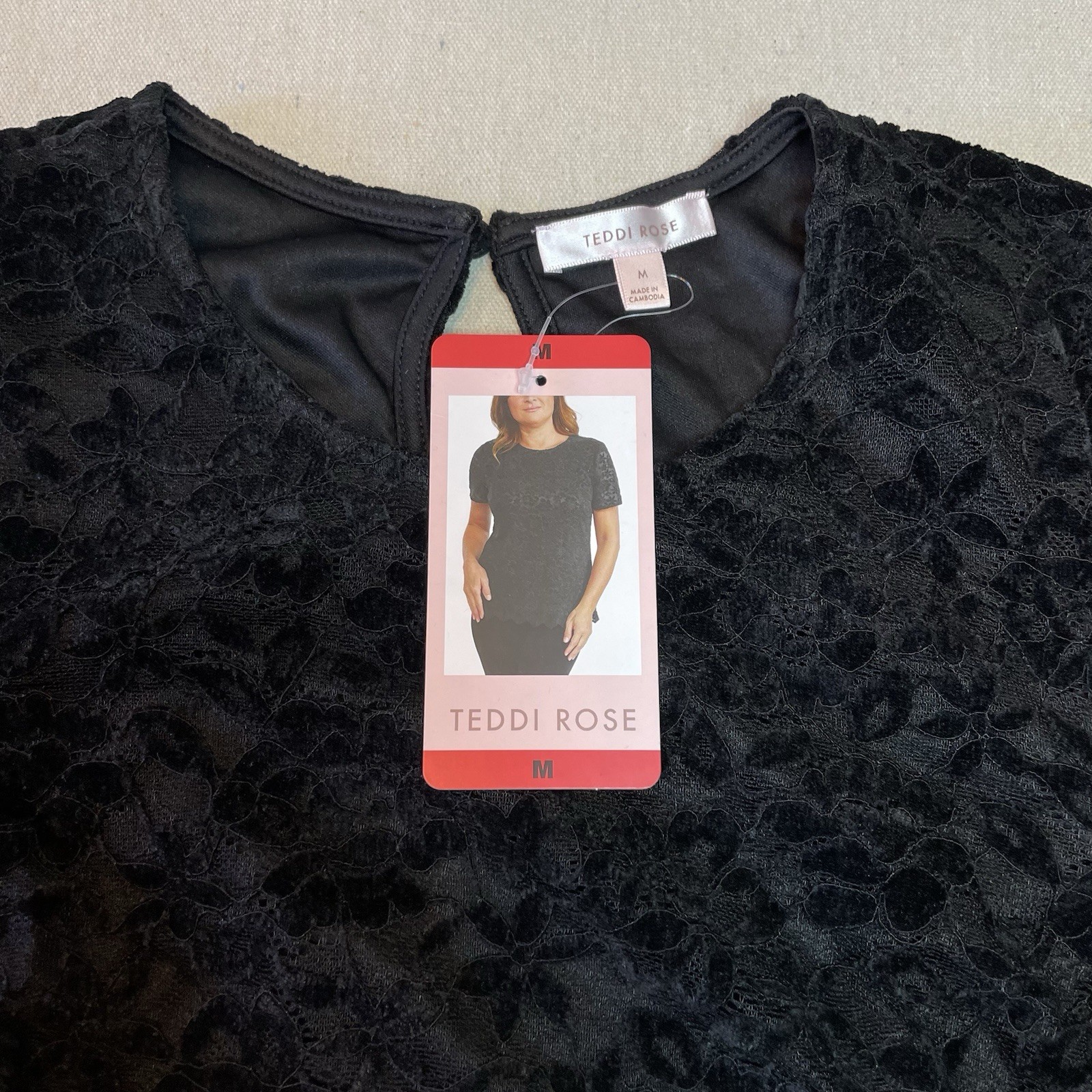 Teddi Rose Women Black Lace Velvet Burnout Top Shirt Short Sleeve Size Medium