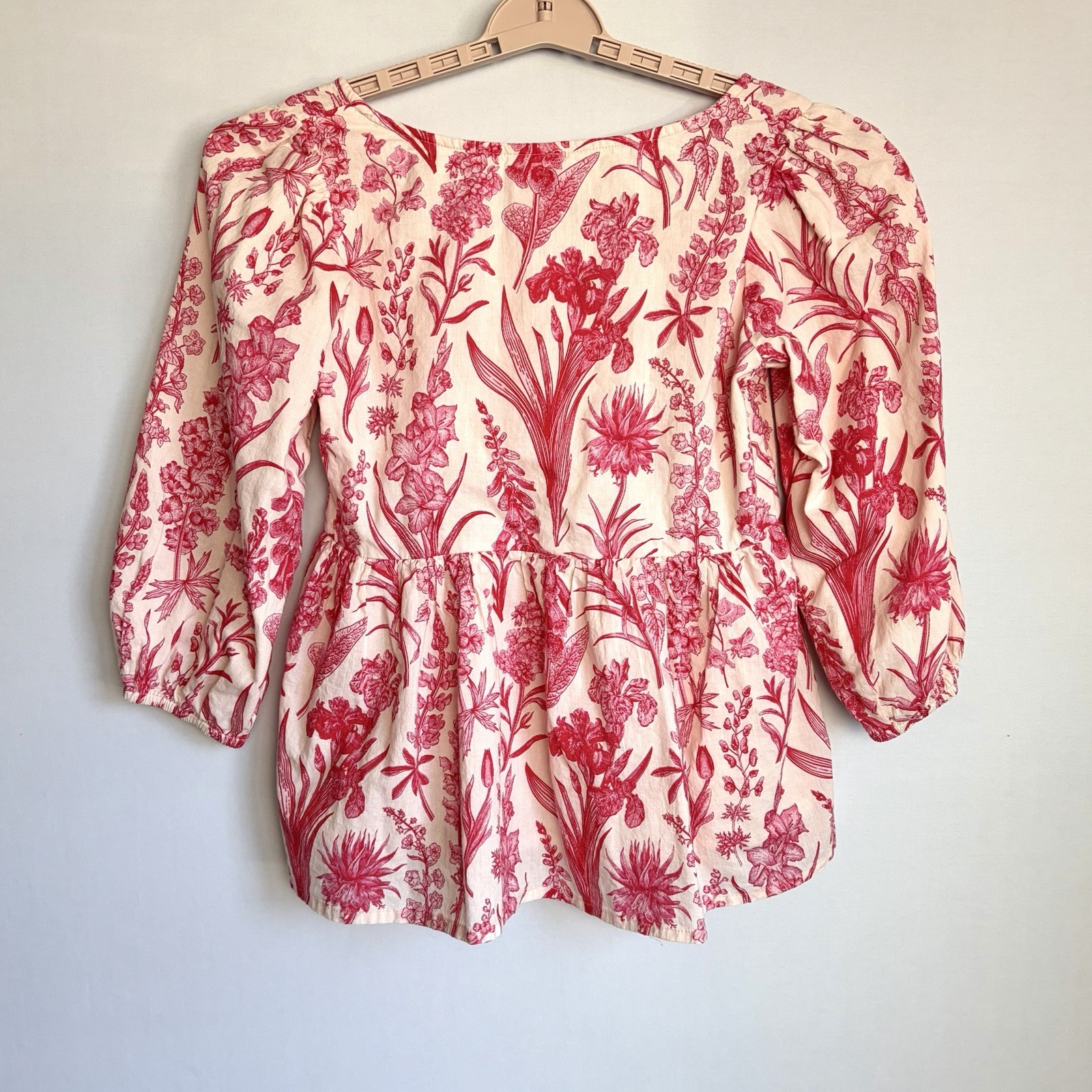 Victoria Dunn Floral Print LS Blouse XS Gathered Waist Square Neck Prairie EUC