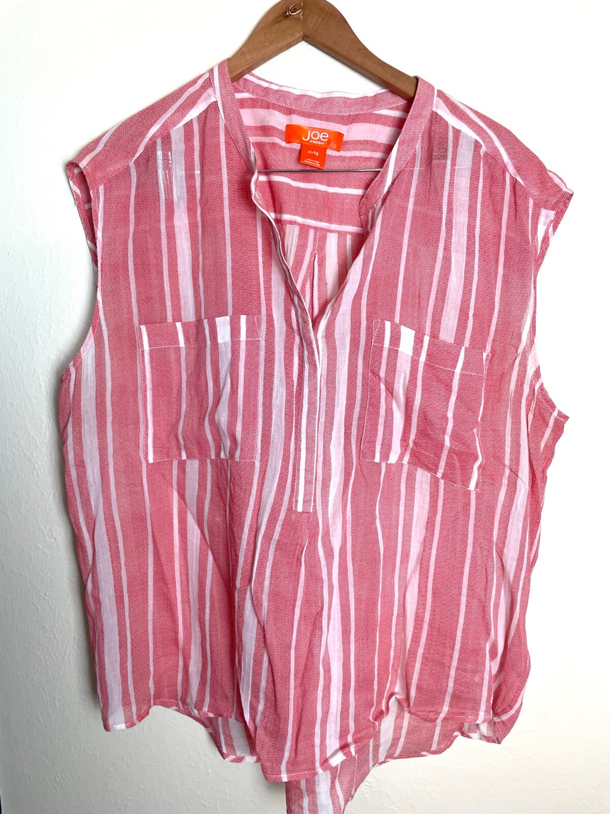 Joe Fresh Top Women’s XL Sleeveless Blouse Top Stripe V-Neck Pockets Cotton