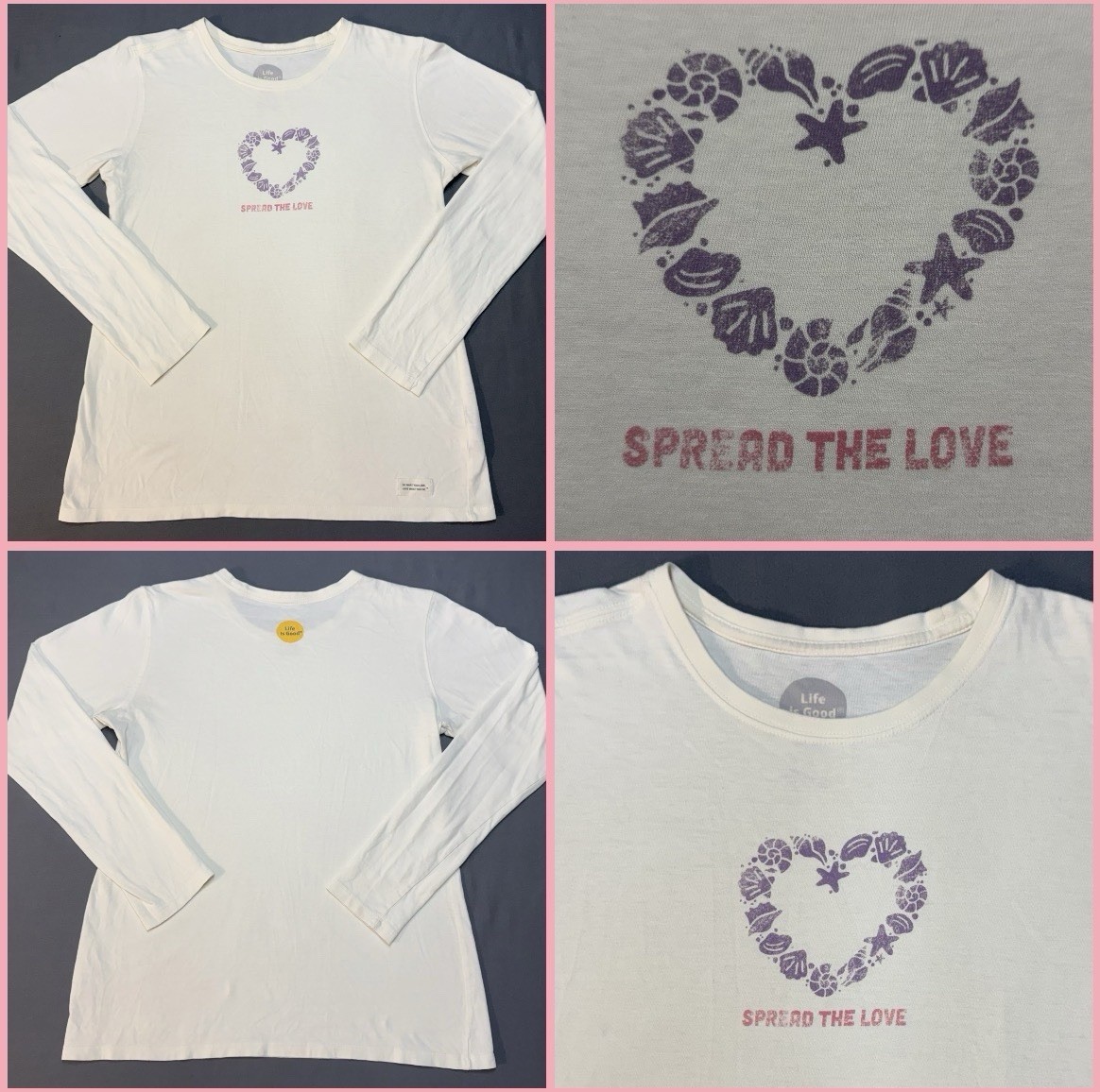 Life Is Good Seashell Heart Long Sleeve Classic Fit T-Shirt Sz M Chest 35” EUC