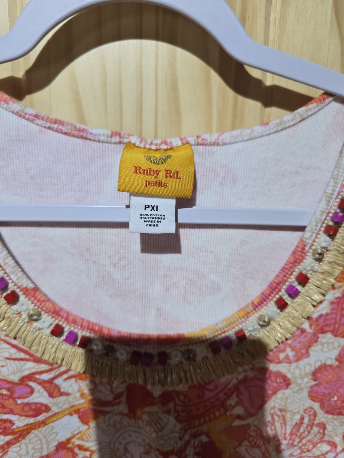Ruby Rd. Women’s PXL Petite Pink Orange Floral Knit Tank Beaded Fringe Stretch