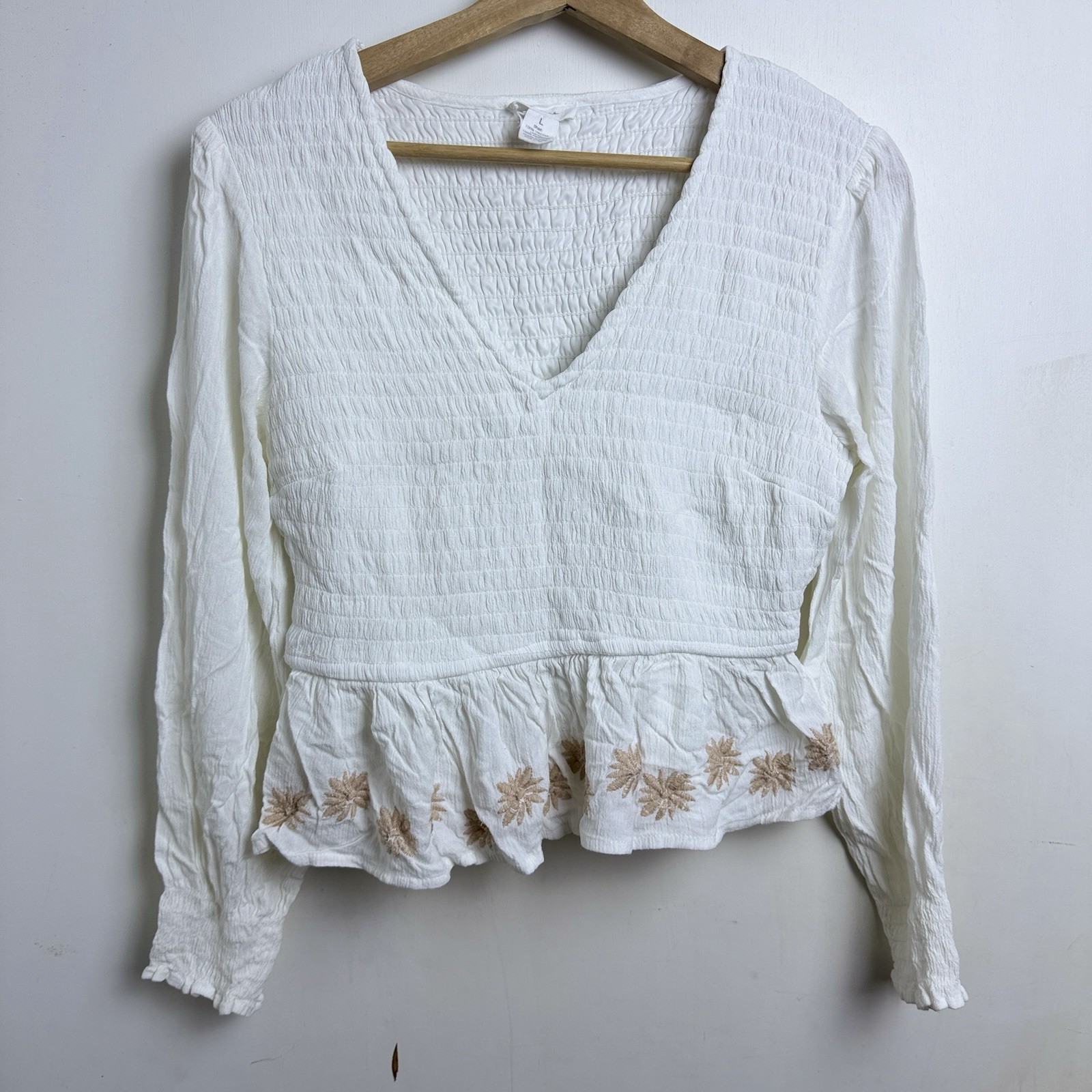 Japna Peasant Top White Brown Embroidered Flowers Size L Fairy Coquette Festival