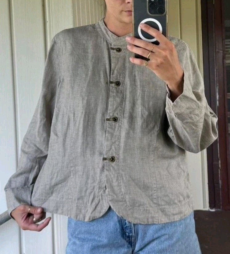 Citron Santa Monica Jacket Blouse Top Shirt Linen Pockets Khaki Taupe Sz L