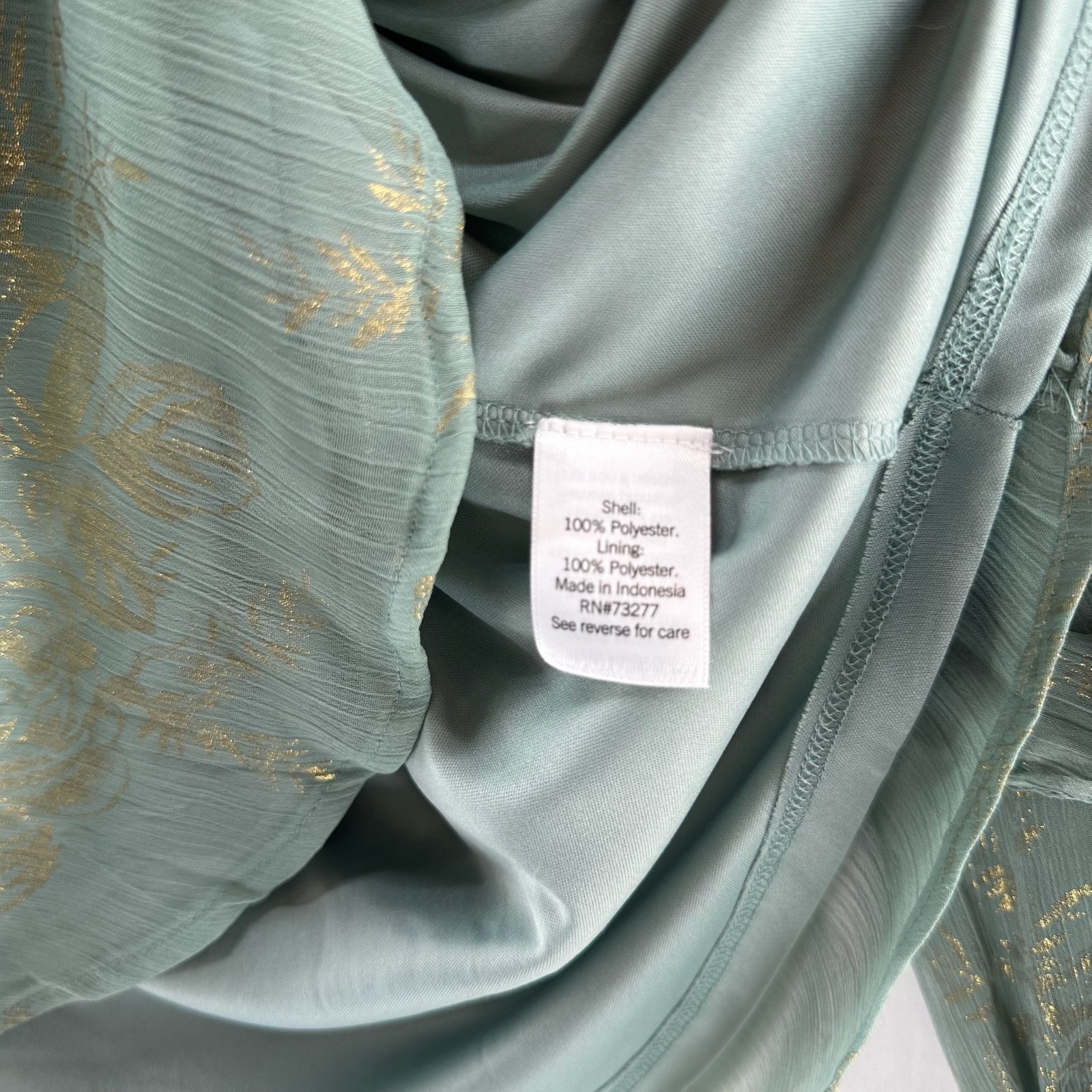 LC Lauren Conrad Ruffle Peasant Top Size L Split Neck Gold Metallic Print Green