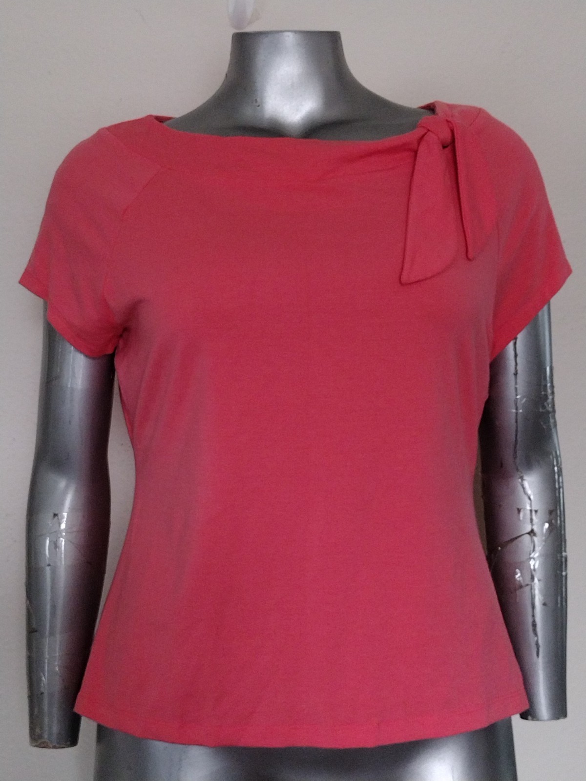 WOMAN GEORGE STRETCH TOP BLOUSE TIE KNOT NECK Size XL Dolman Short Sleeve peach