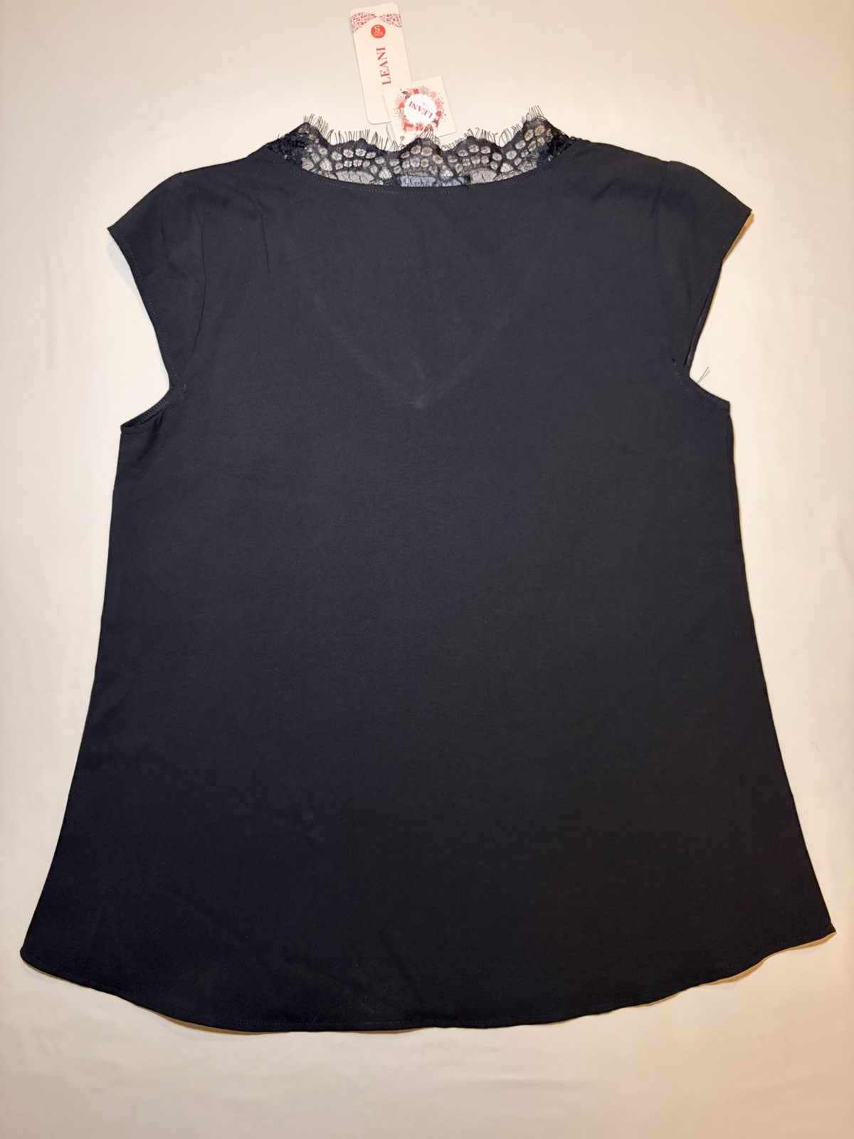 LEANI Womens Blouse Small Black Lace V Neck Cap Sleeve Top NWT