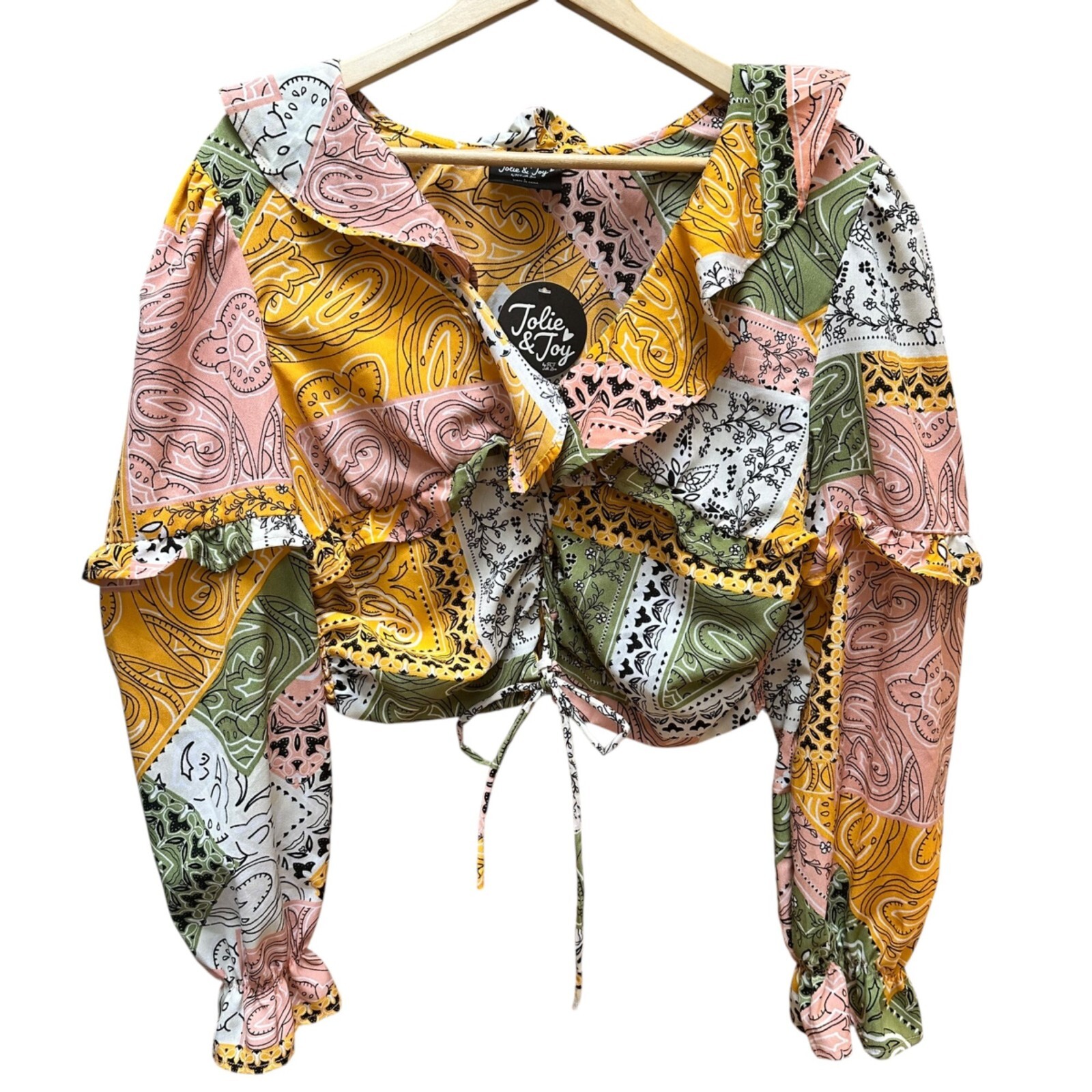 NWT Jolie & Joy Blouse Cropped Tie Front Ruffle Patchwork Gypsy Boho Festival LG