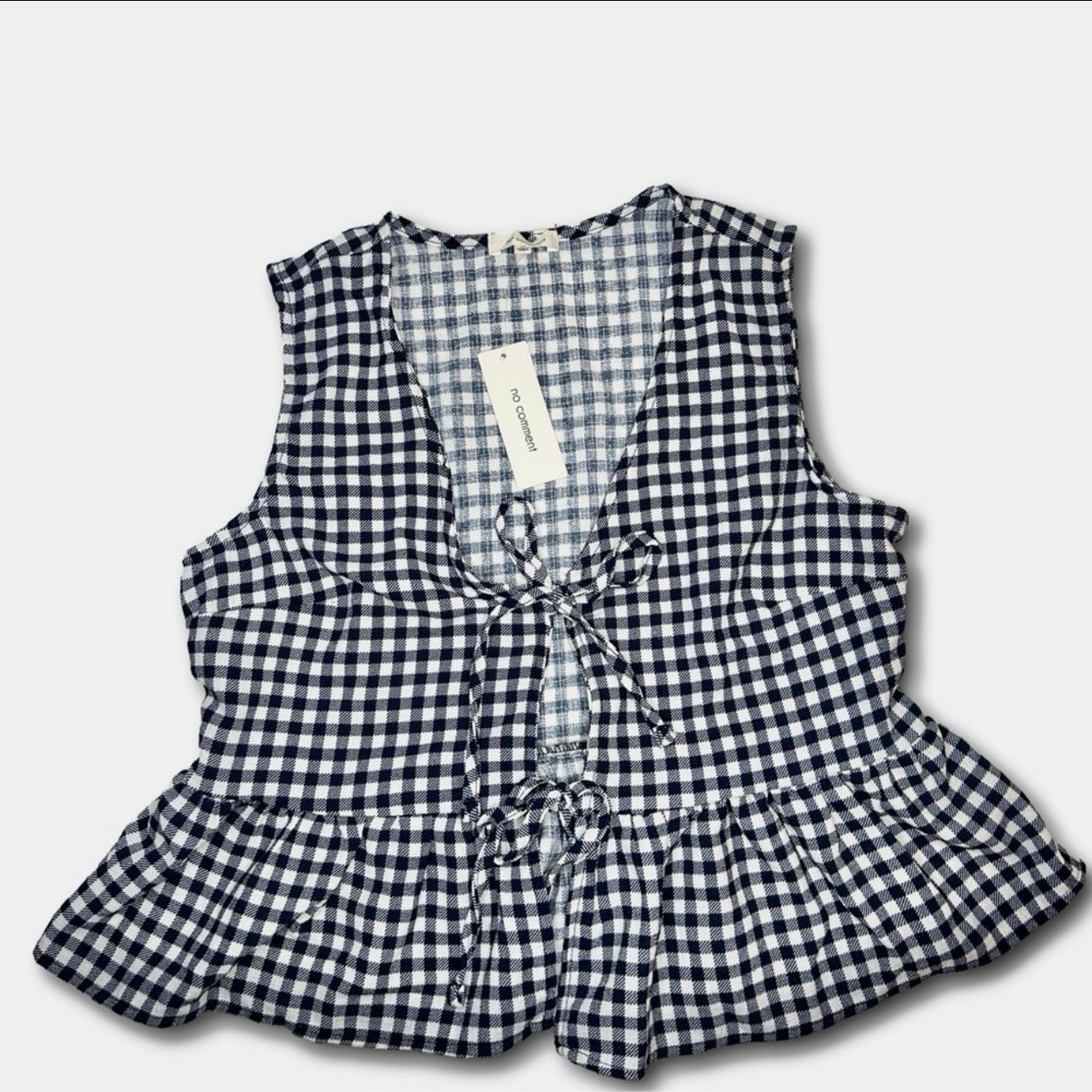 No Comment Womens Top M Medium Gingham Plaid Tie Front Peplum Tank Vest NWT