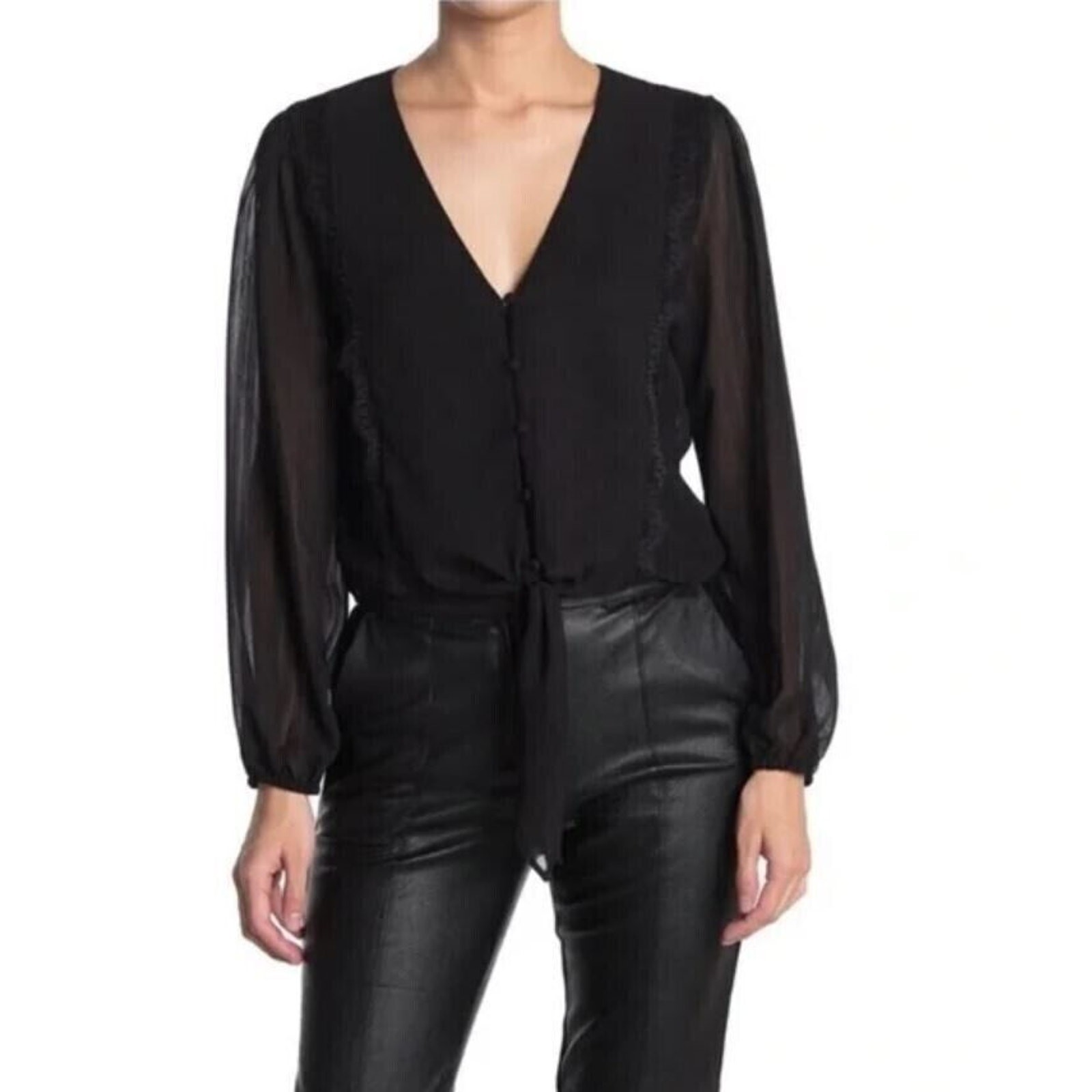WAYF Women’s Lace Trim Knotted Long Sleeve Blouse Black Small MSRP $59