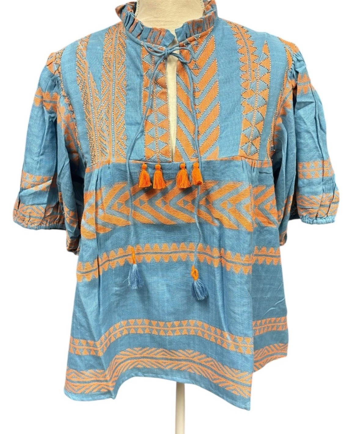 Just Bellina Blue Boho Beaded Embroidered Tassels Lined Top Size XL NEW