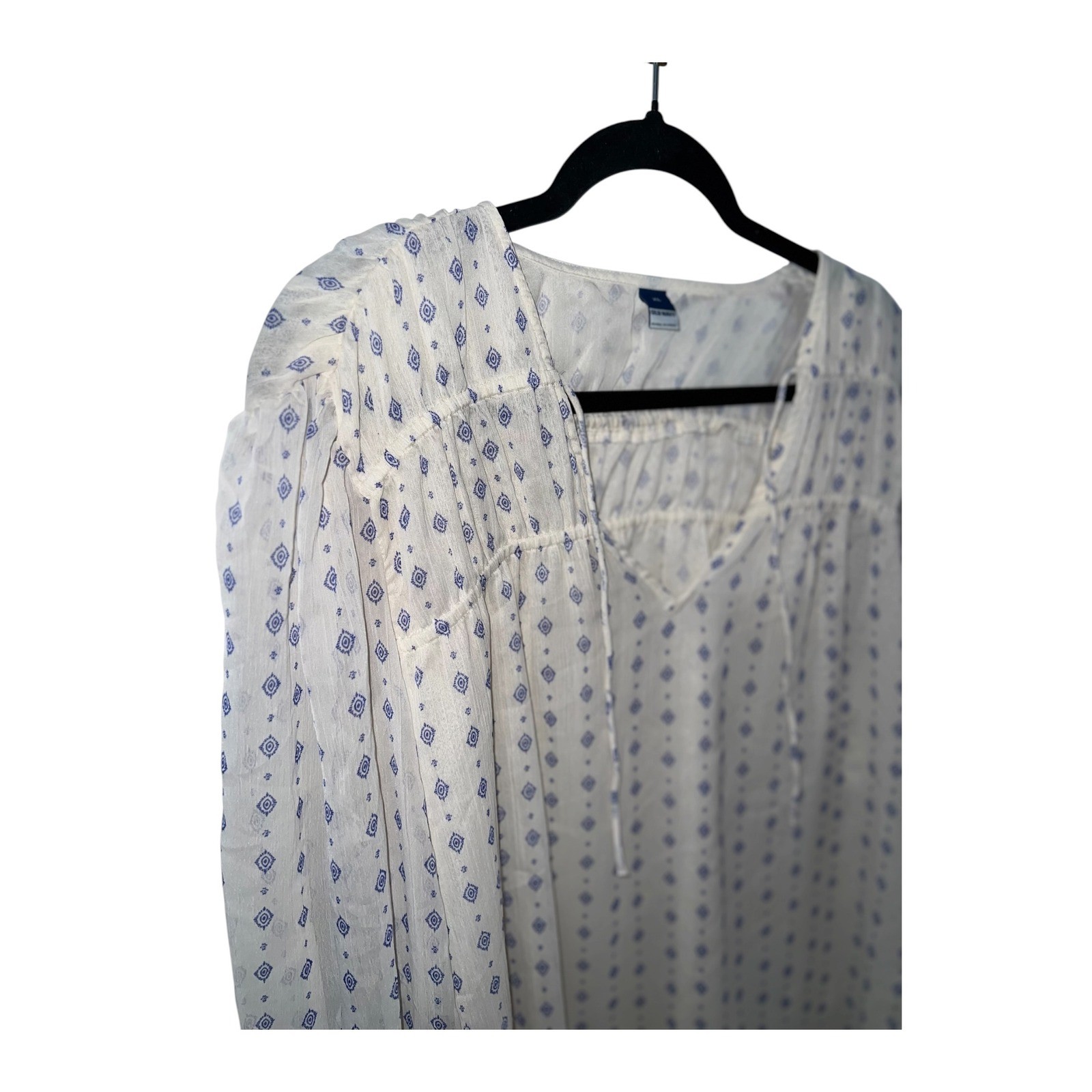 Old Navy Cottagecore Peasant Boho Geometric Diamond Print White Blue Top XL