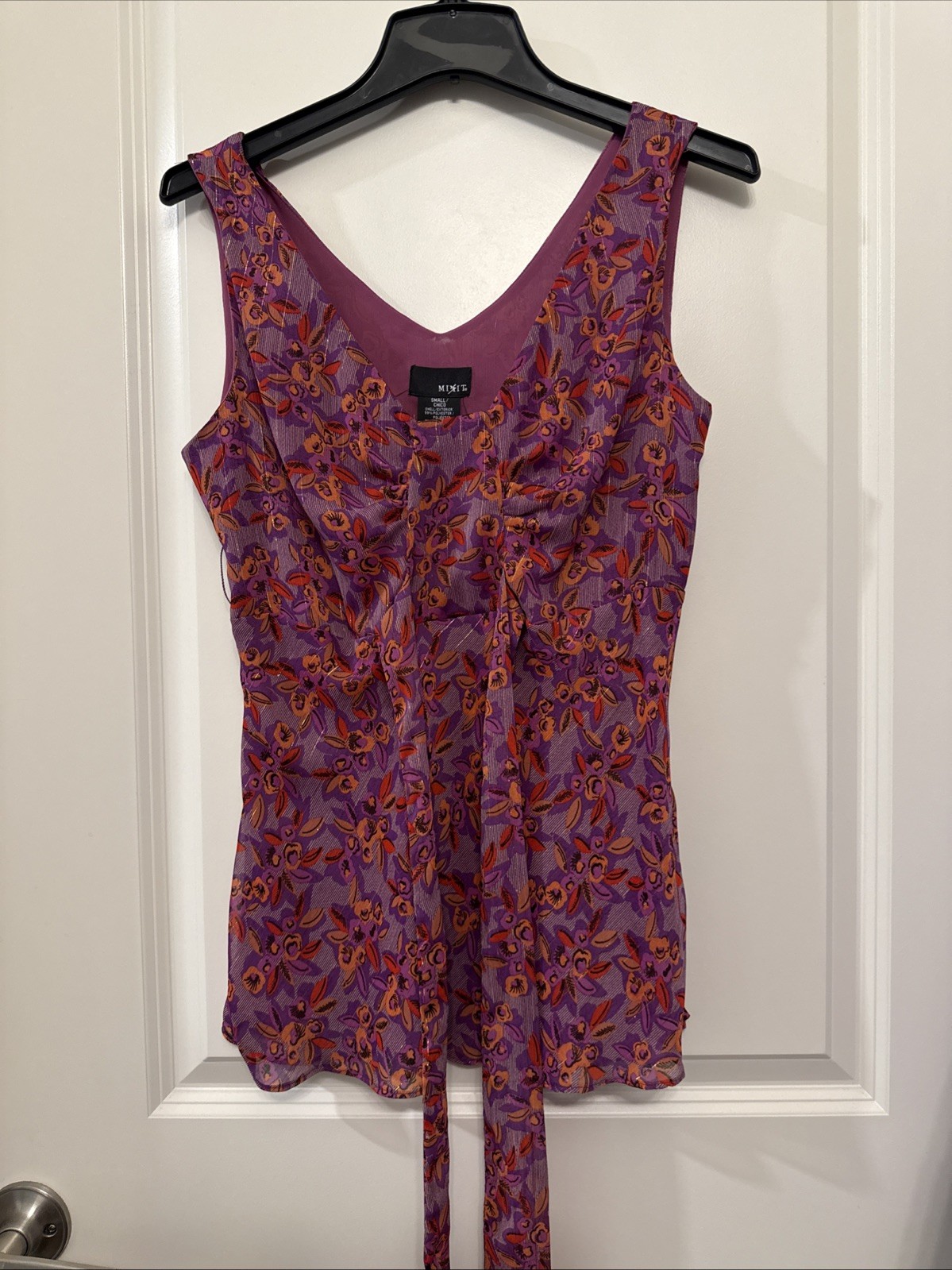 Mixit Womens Small Top Shirt Purple Floral Gold Pin Stripe Sleeveless Sheer Y2K