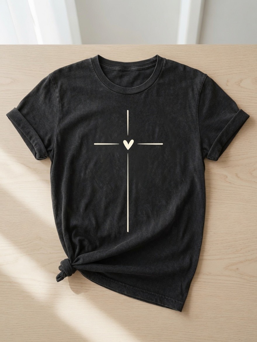 Cross with Heart T-Shirt Black Washed Unisex Christian Faith Tee