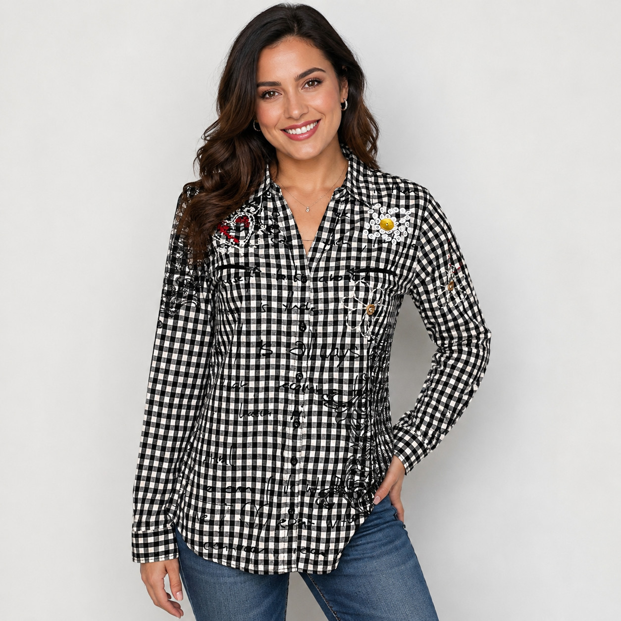 Desigual XL Black White Gingham Button Up Shirt Artsy Embroidered Heart Top