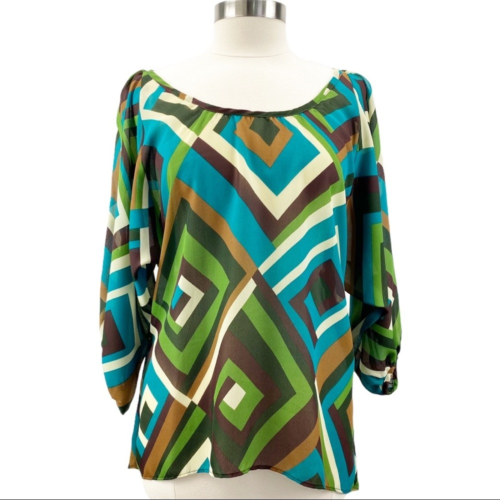 Psychedelic Geometric Print Top Women Medium Flowy Retro Mod Maximalist 70s Vibe