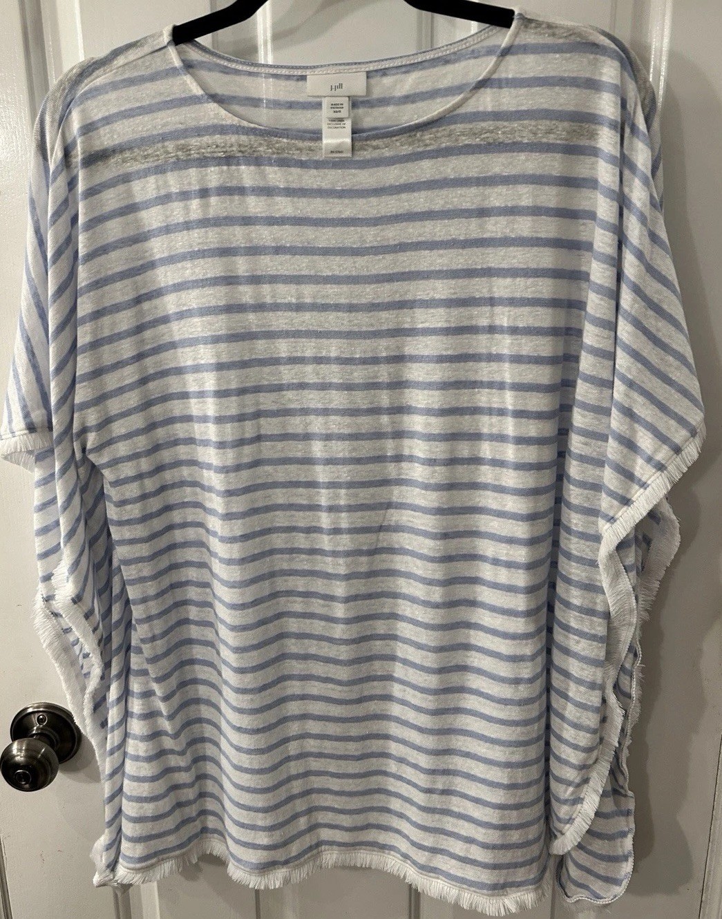 J Jill Women’s XS/S Linen Poncho Top Light Blue Striped Fringe Coastal Coverup