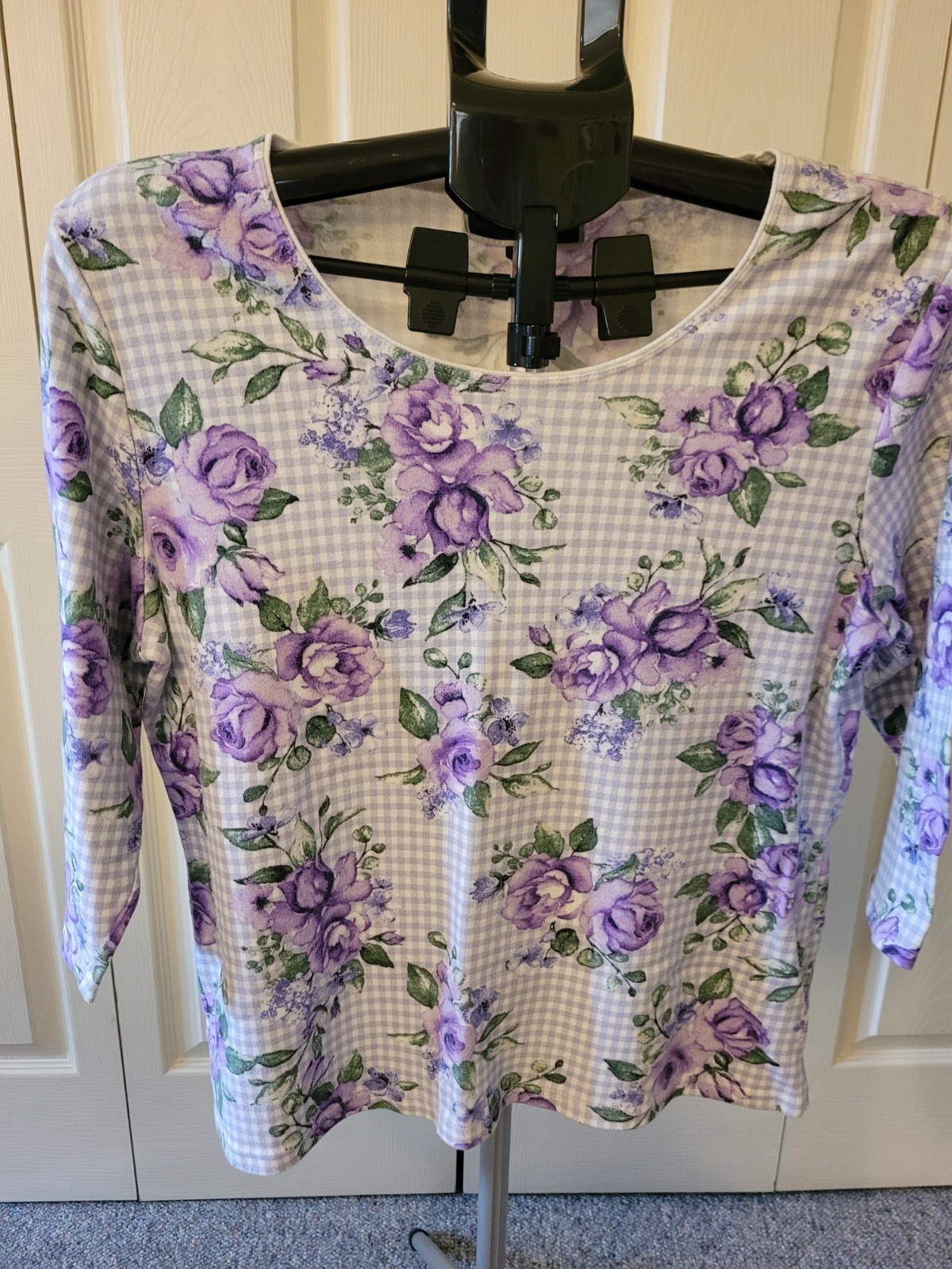Karen Scott Petites PXL Purple/White/Green Floral Scoop Neck 3/4 Sleeve Top