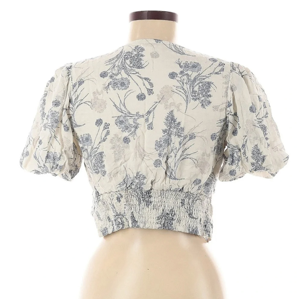 Promesa Floral Puff Sleeve Crop Top V-Neck Smocked Back Linen Blend Size Medium