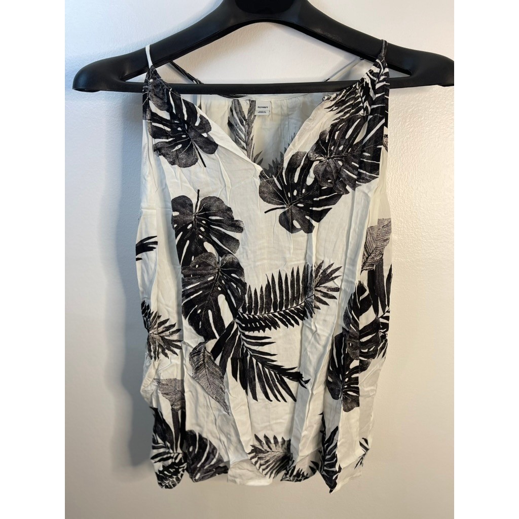 Old Navy Womens Large Black White Tropical Palm Leaf Rayon Cami Tank Top V-Neck